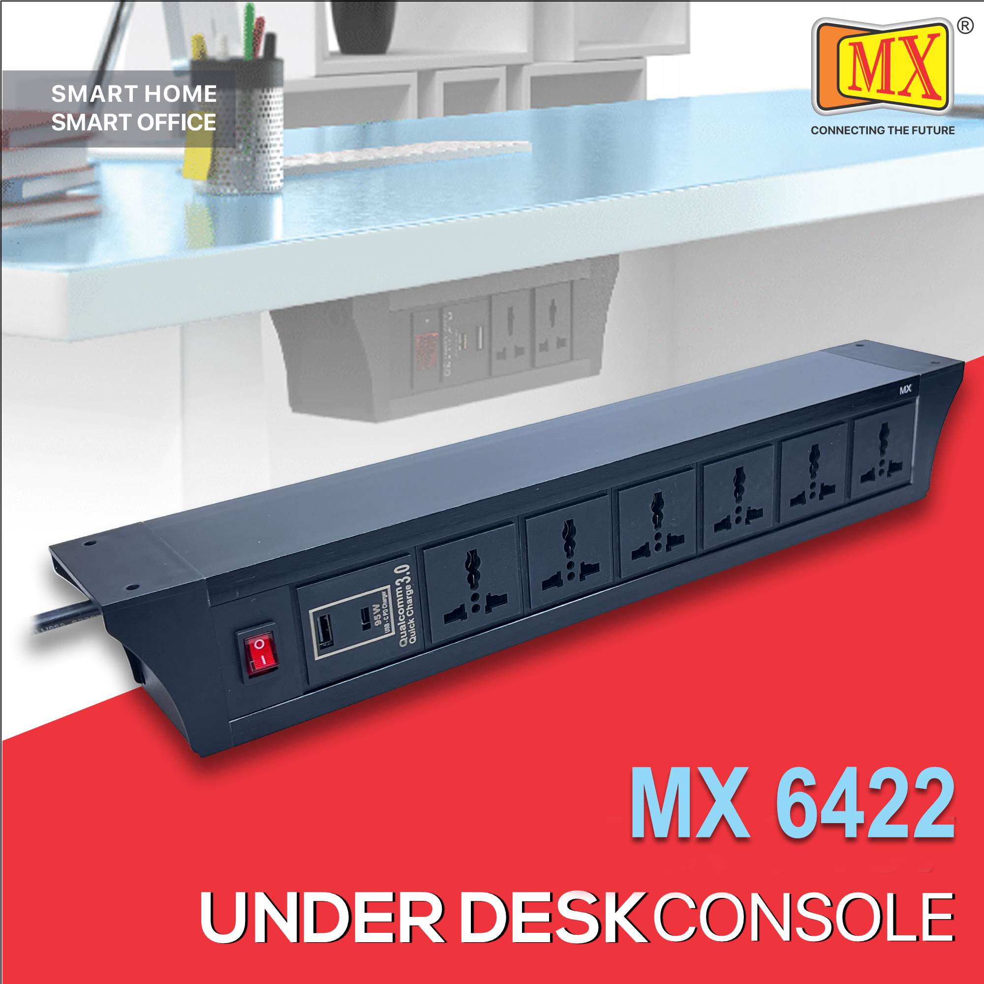 MX PDU Under table 6/13 Amps 6 Universal Socket | 2 USB (2.4 Amp) with 95W PD Charger | Dual Pole LED Indicator Switch | 6 Amps Heavy Duty Cord 5 Meter with ISI Marked, Aluminium Body Material(MX 6422-5M Black)