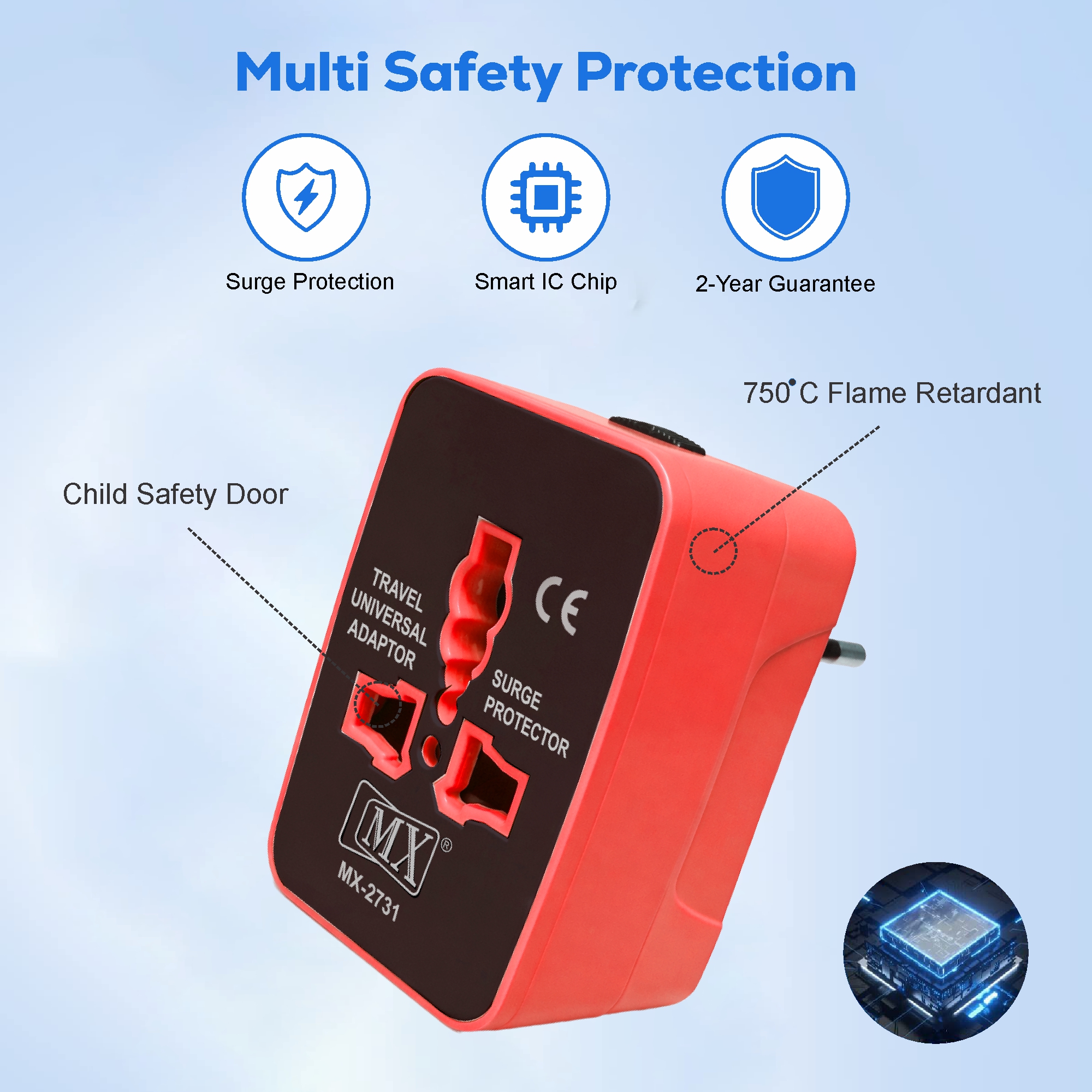 MX Universal Travel Adapter, Worldwide All over 150 International Countries with LED & Child Safety Shutter-Universal Socket Compatible in UK, Europe, USA, Australia, China, Japan & Thailand (Red)