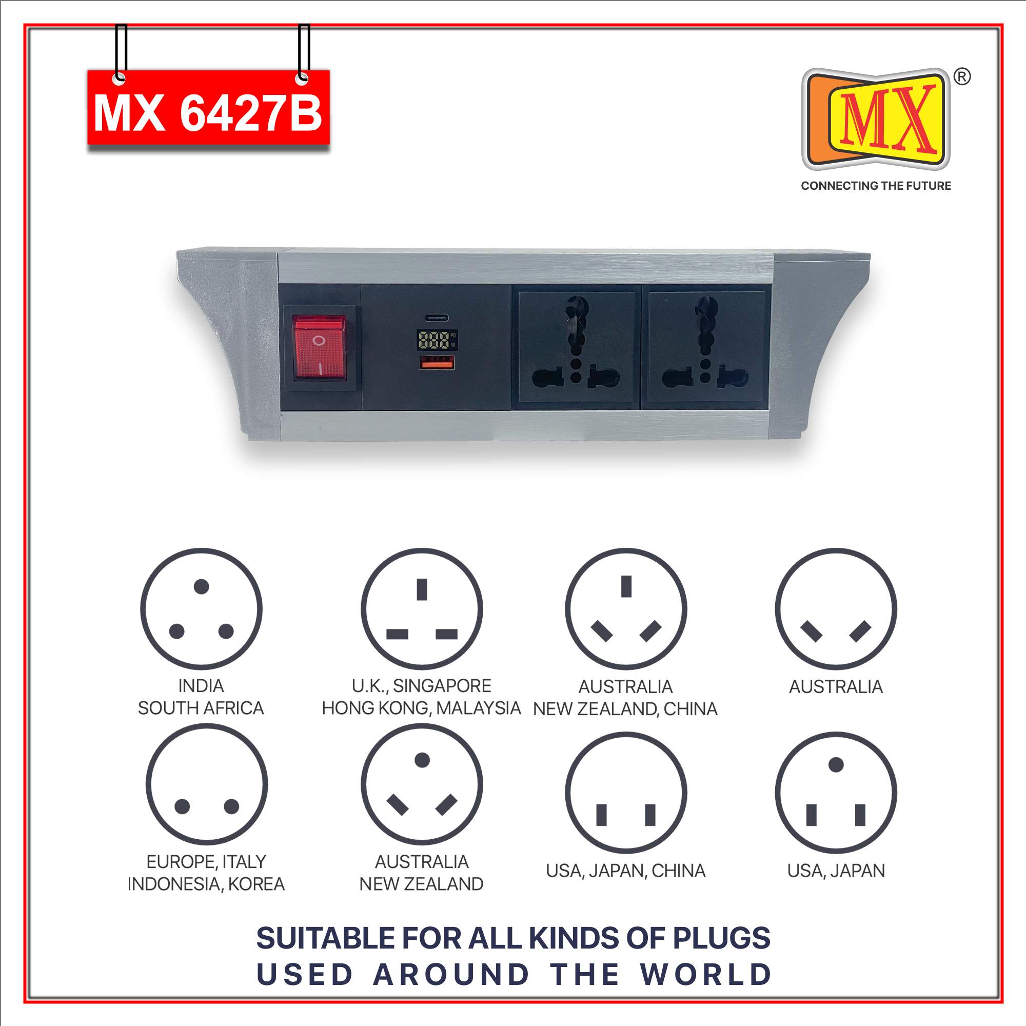 MX PDU Under table 6/16 Amps 2 Universal Socket | 2 USB (2.4 Amp) with 30W PD Charger With Display | Dual Pole LED Indicator Switch | 16 Amps Heavy Duty Cord 10 Meter with ISI Marked, Aluminium Body Material(MX 6427B-10M Silver)