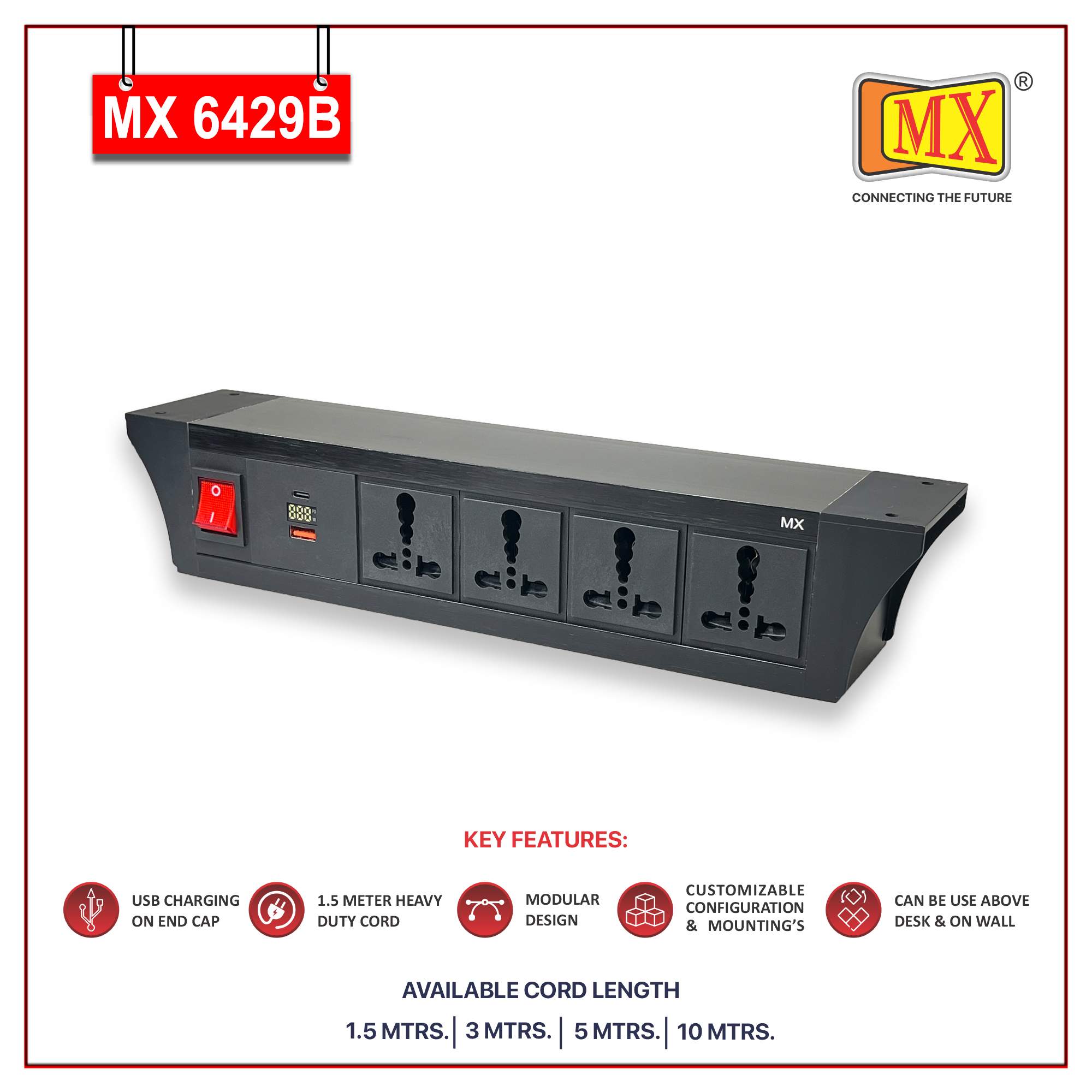 MX PDU Under table 6/16 Amps 4 Universal Socket | 2 USB (2.4 Amp) with 30W PD Charger With Display | Dual Pole LED Indicator Switch | 16 Amps Heavy Duty Cord 10 Meter with ISI Marked, Aluminium Body Material(MX 6429B-10M Black)