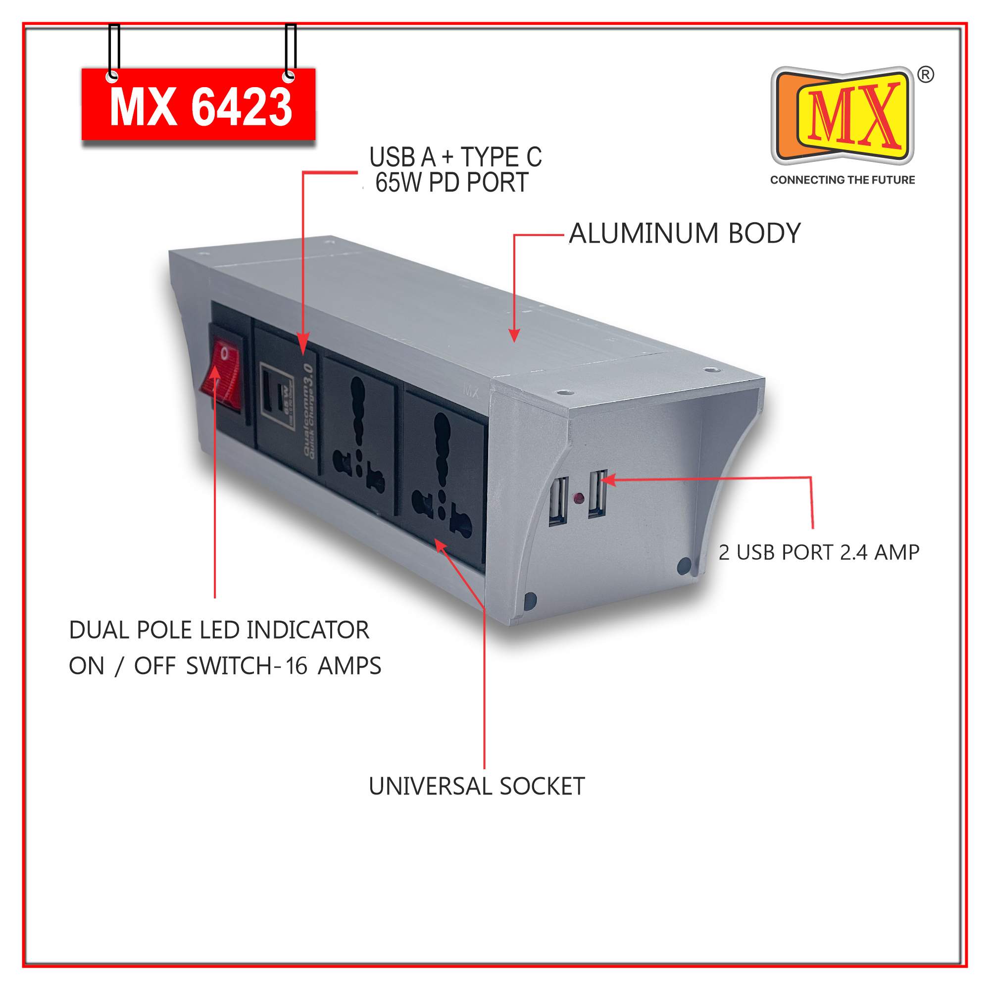MX PDU Under table 6/16 Amps 2 Universal Socket | 2 USB (2.4 Amp) with 65W PD Charger | Dual Pole LED Indicator Switch | 16 Amps Heavy Duty Cord 5 Meter with ISI Marked, Aluminium Body Material(MX 6423-5M Silver)