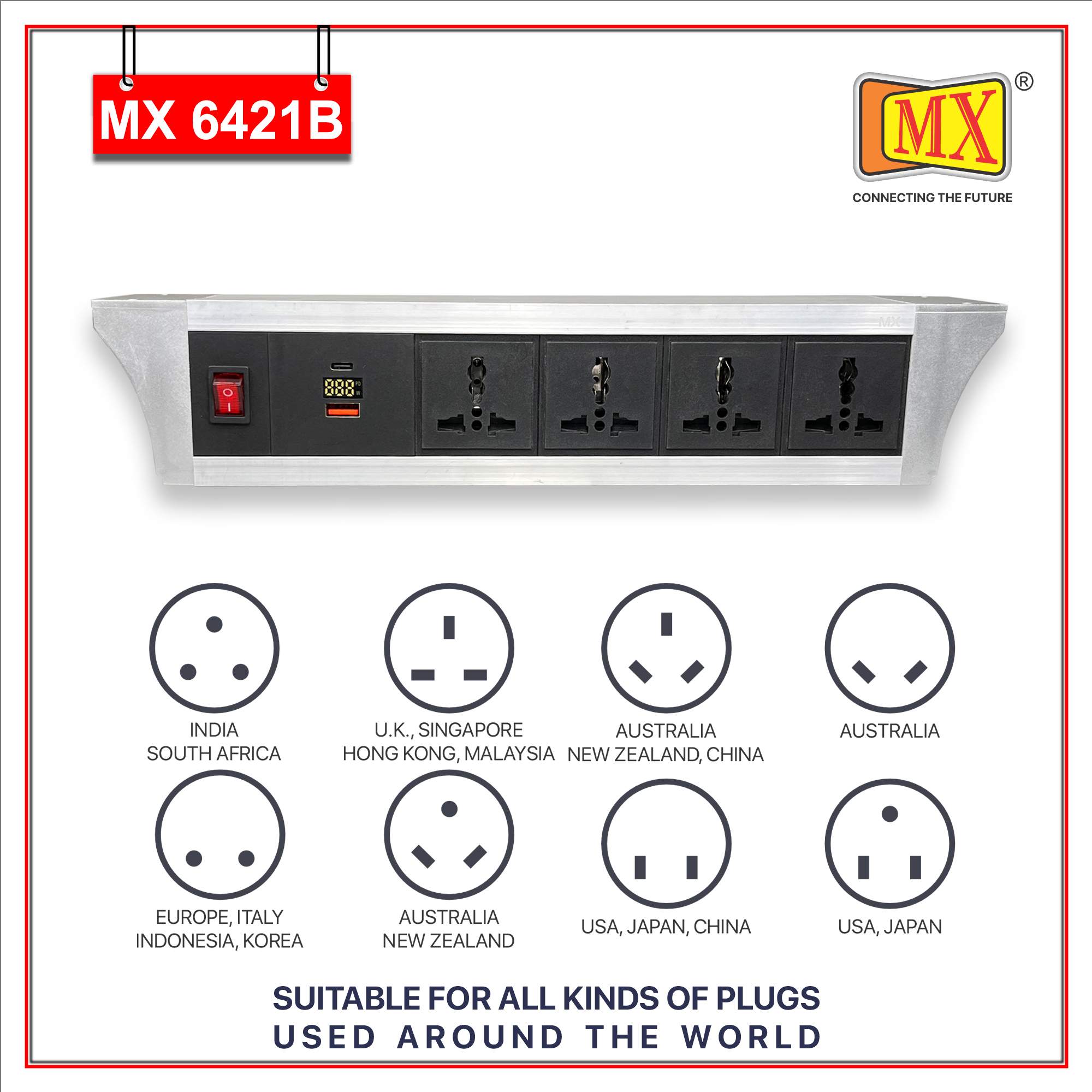 MX PDU Under table 6/13 Amps 4 Universal Socket | 2 USB (2.4 Amp) with 30W PD Charger With Display | Dual Pole LED Indicator Switch | 6 Amps Heavy Duty Cord 1.5 Meter with ISI Marked, Aluminium Body Material(MX 6421B-1.5M Silver)