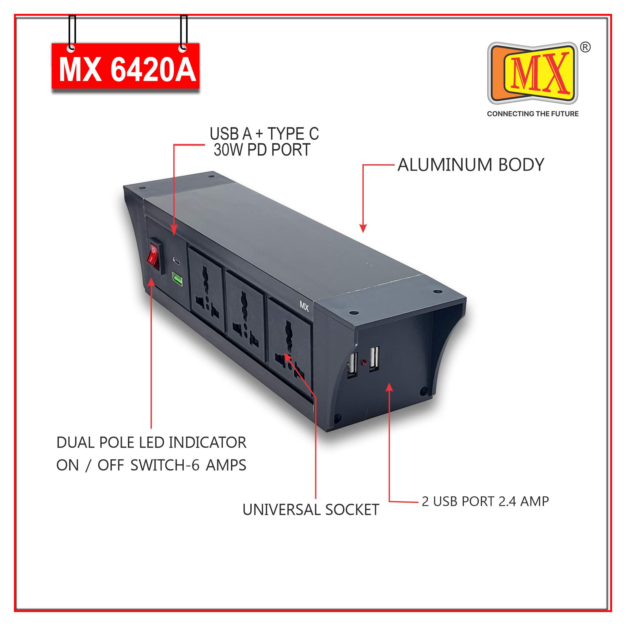 MX PDU Under table 6/13 Amps 3 Universal Socket | 2 USB (2.4 Amp) with 30W PD Charger | Dual Pole LED Indicator Switch | 6 Amps Heavy Duty Cord 1.5 Meter with ISI Marked, Aluminium Body Material(MX 6420A-1.5M Black)