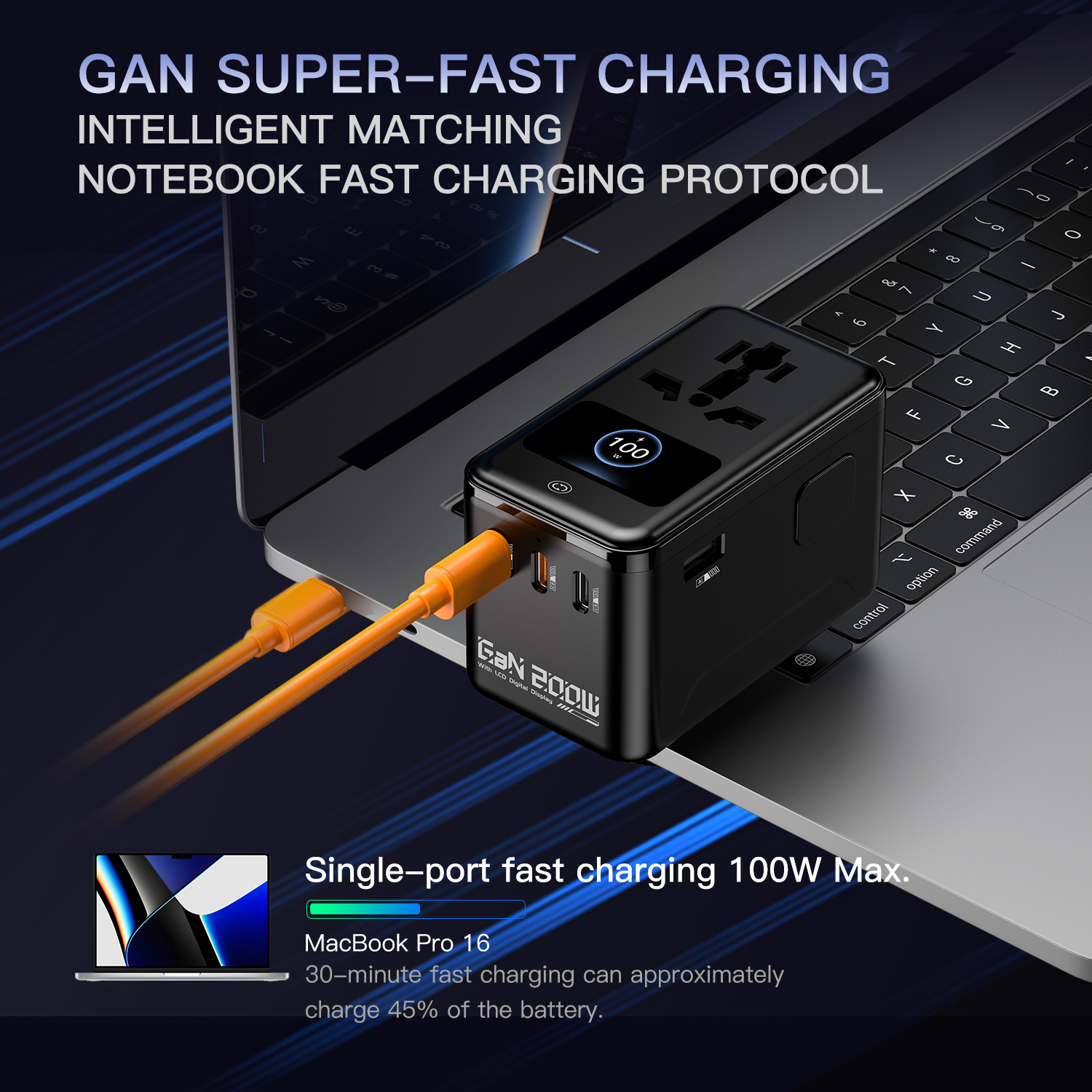 MX 200W GaN Universal Travel Adapter Smart LCD Display Fast Charging Station, Multi Device Charger, USB-C PD 100W International Plug Adapter for 200+ Countries | MacBook, iPhone, Samsung & Laptop