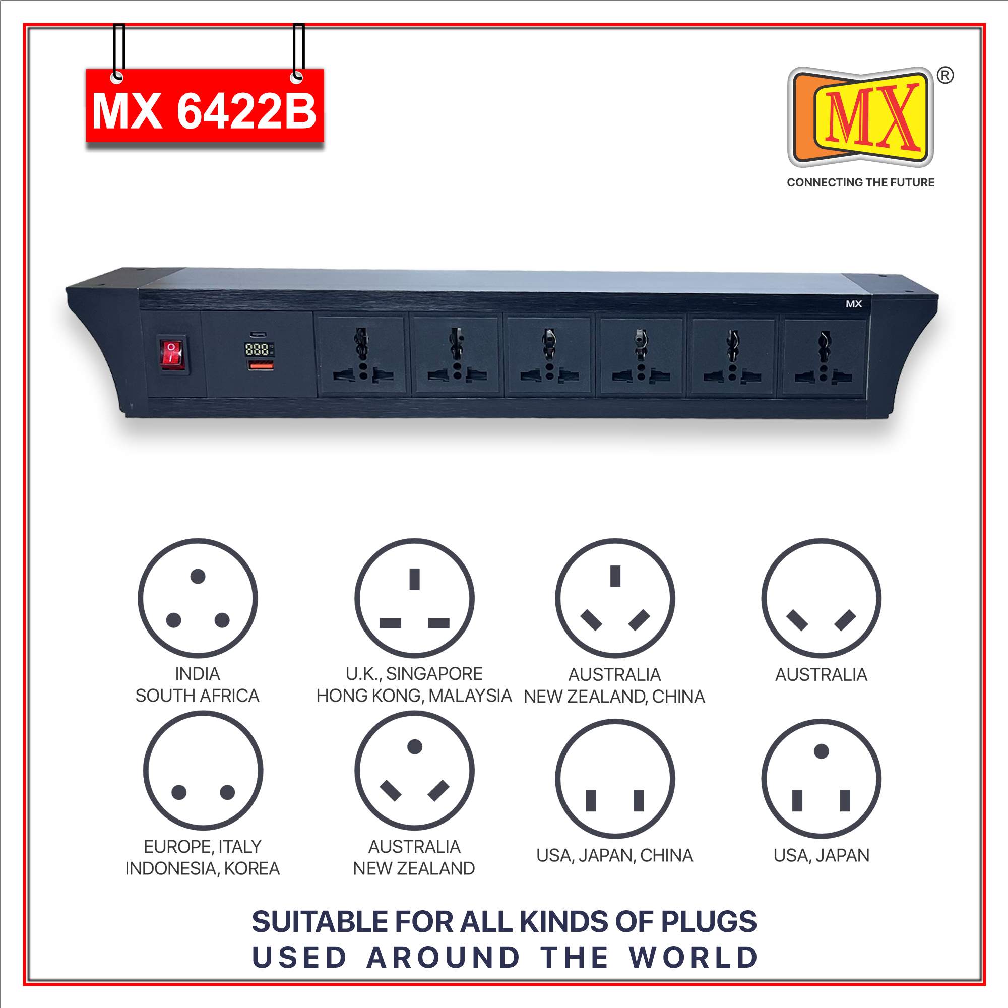 MX PDU Under table 6/13 Amps 6 Universal Socket | 2 USB (2.4 Amp) with 30W PD Charger With Display | Dual Pole LED Indicator Switch | 6 Amps Heavy Duty Cord 3 Meter with ISI Marked, Aluminium Body Material(MX 6422B-3M Black)