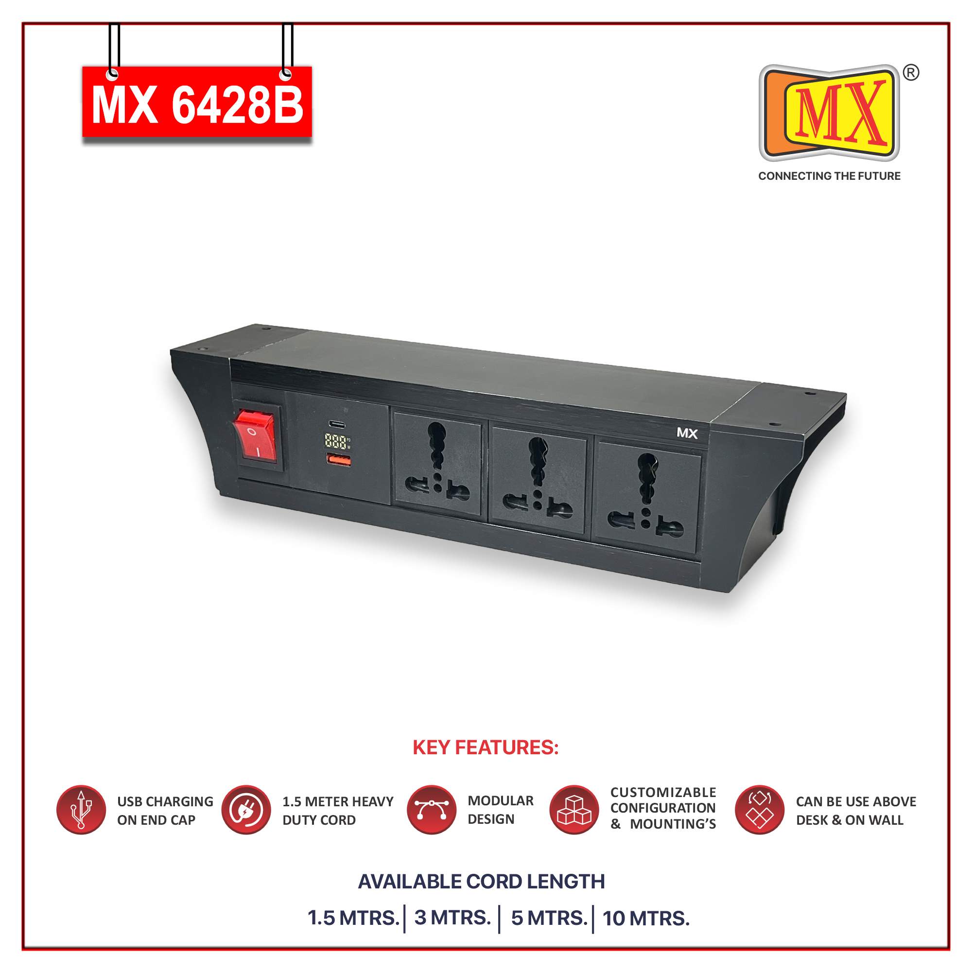MX PDU Under table 6/16 Amps 3 Universal Socket | 2 USB (2.4 Amp) with 30W PD Charger With Display | Dual Pole LED Indicator Switch | 16 Amps Heavy Duty Cord 3 Meter with ISI Marked, Aluminium Body Material(MX 6428B-3M Black)