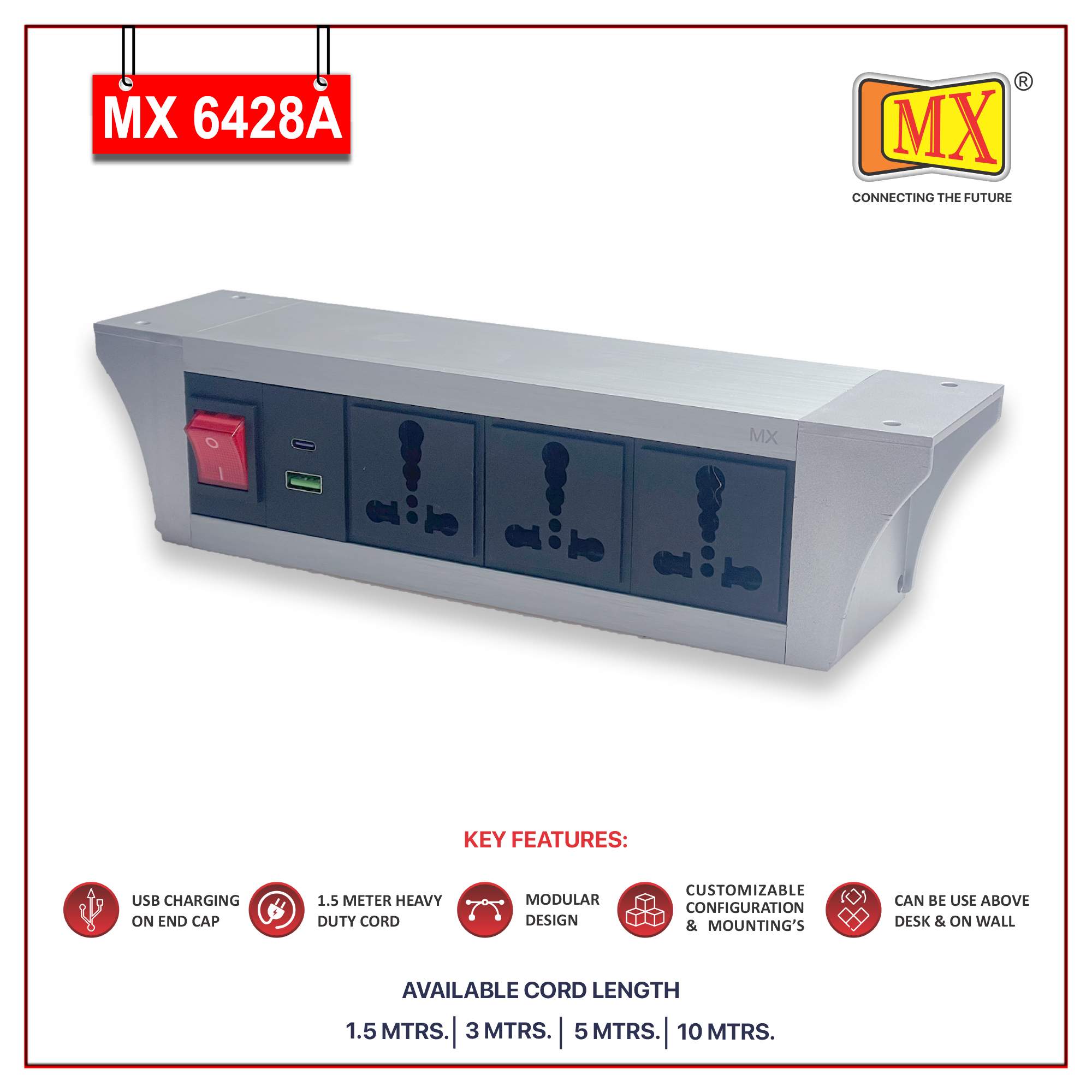 MX PDU Under table 6/16 Amps 3 Universal Socket | 2 USB (2.4 Amp) with 30W PD Charger | Dual Pole LED Indicator Switch | 16 Amps Heavy Duty Cord 5 Meter with ISI Marked, Aluminium Body Material(MX 6428A-5M Silver)