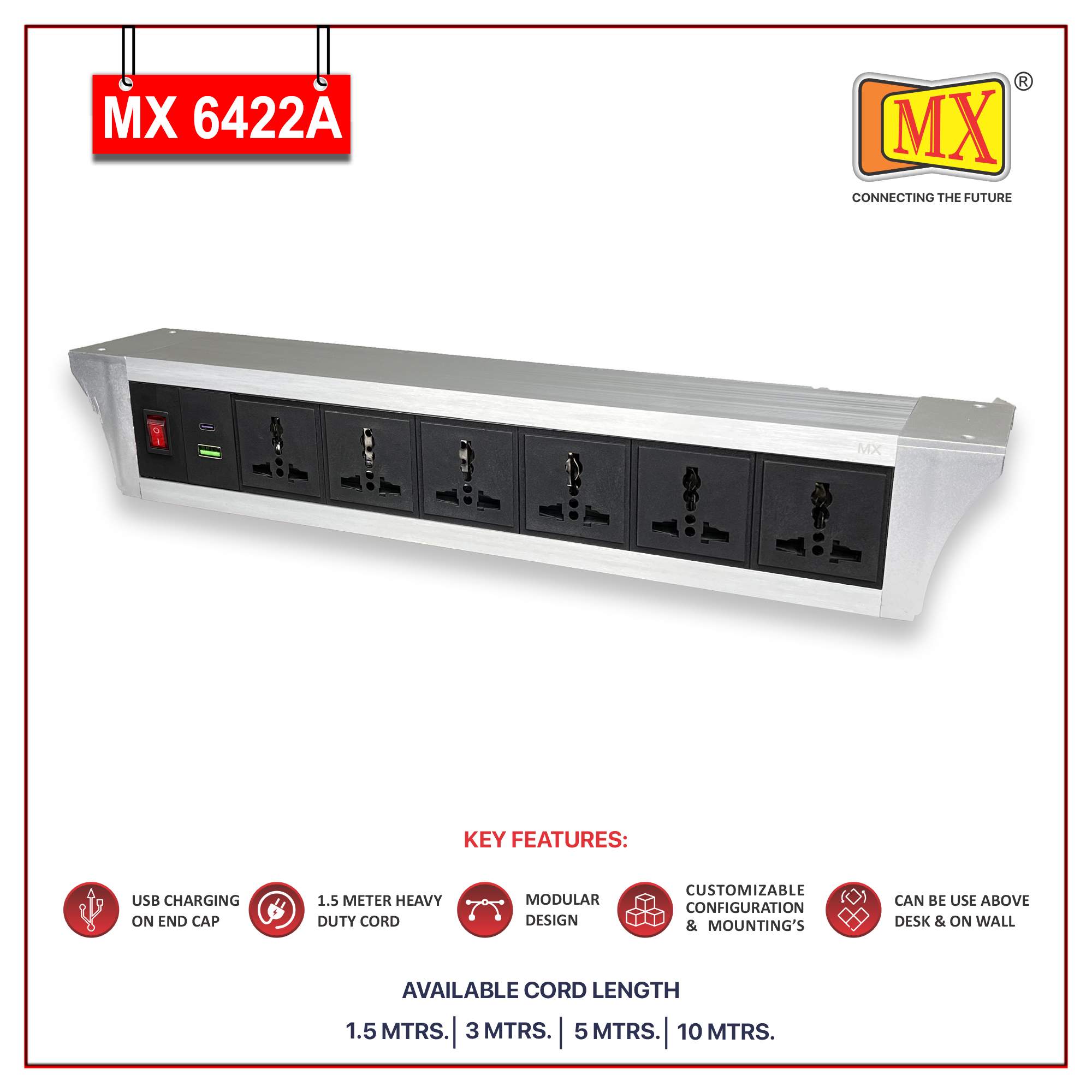 MX PDU Under table 6/13 Amps 6 Universal Socket | 2 USB (2.4 Amp) with 30W PD Charger | Dual Pole LED Indicator Switch | 6 Amps Heavy Duty Cord 1.5 Meter with ISI Marked, Aluminium Body Material(MX 6422A-1.5M Silver)
