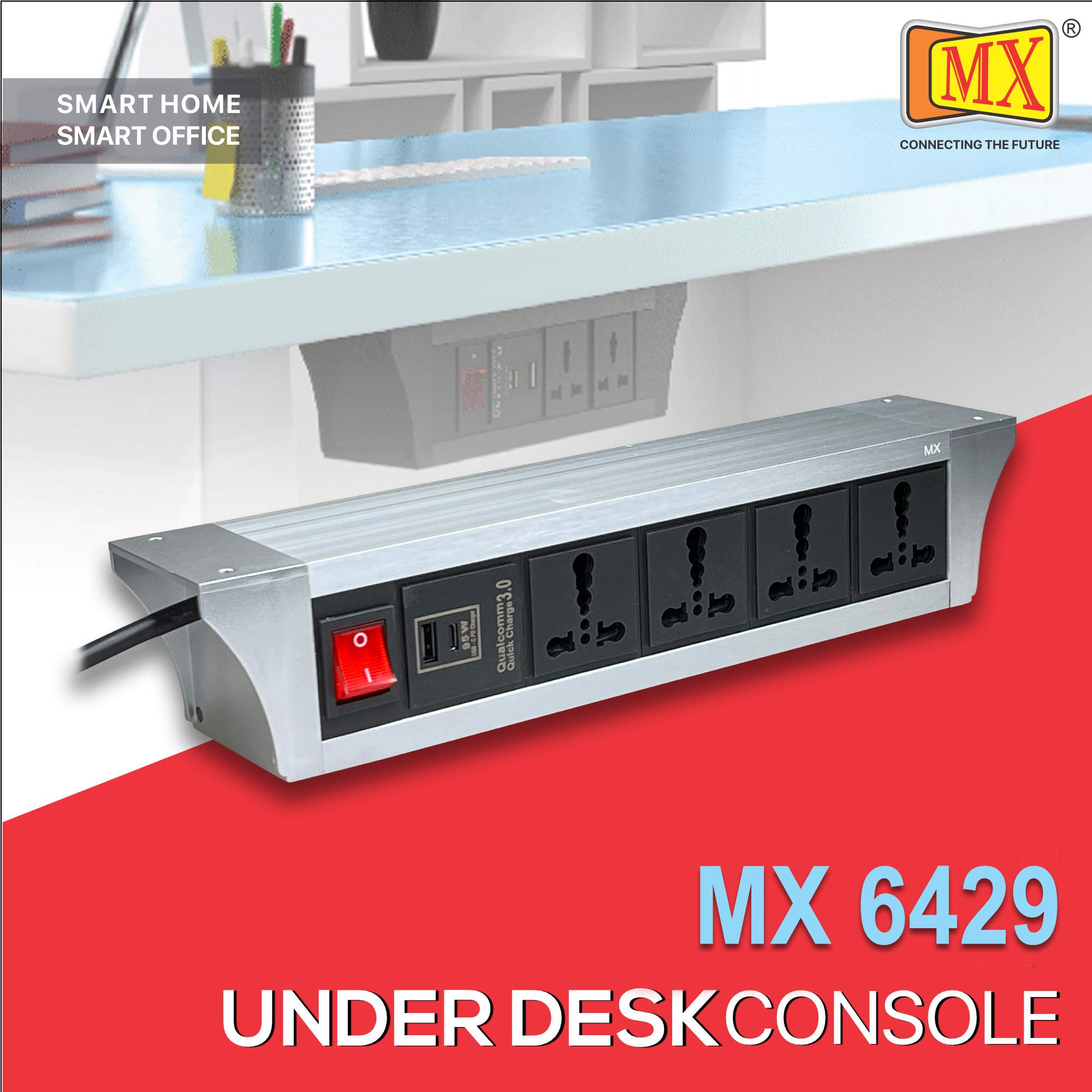 MX PDU Under table 6/16 Amps 4 Universal Socket | 2 USB (2.4 Amp) with 95W PD Charger | Dual Pole LED Indicator Switch | 16 Amps Heavy Duty Cord 3 Meter with ISI Marked, Aluminium Body Material(MX 6429-3M Silver)