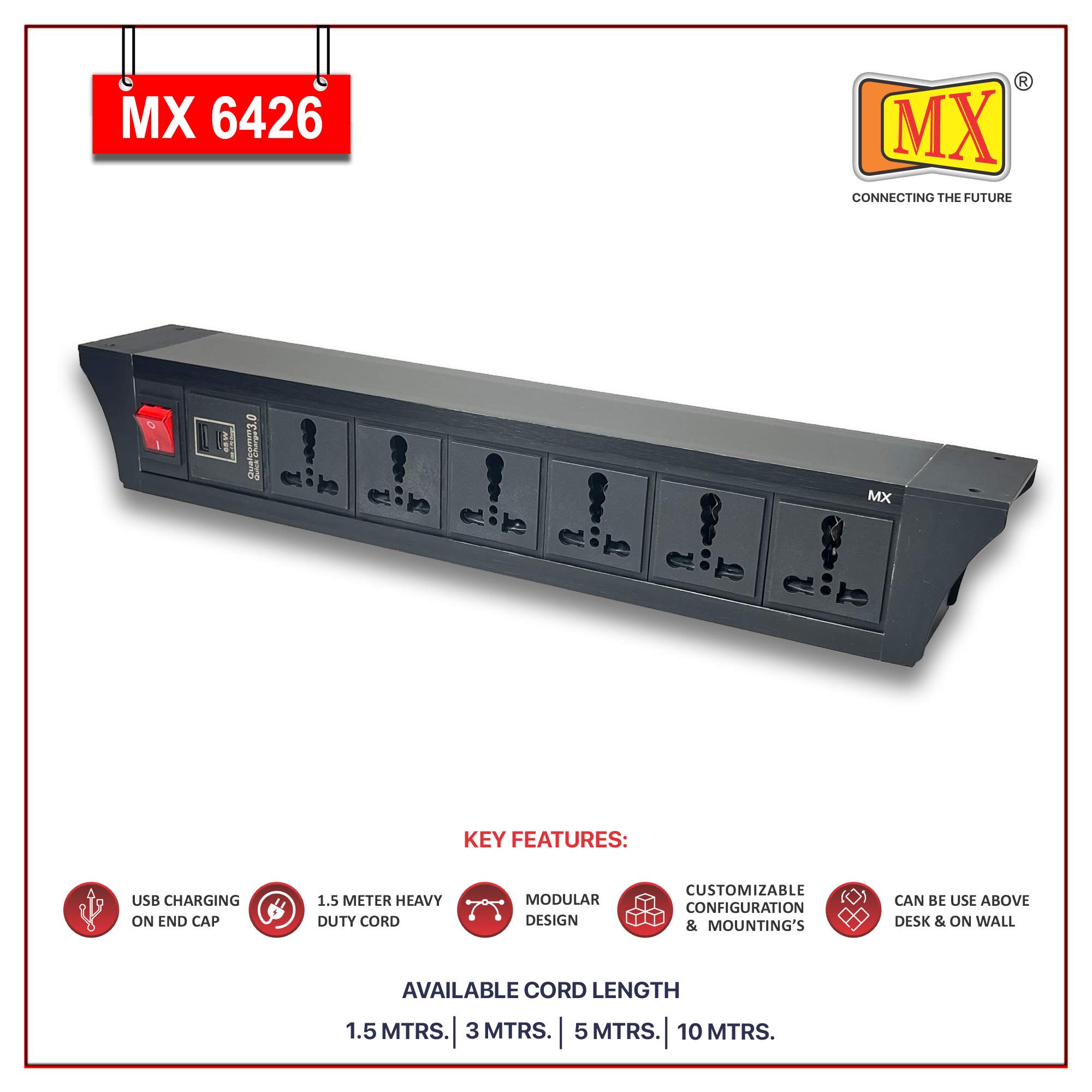 MX PDU Under table 6/16 Amps 6 Universal Socket | 2 USB (2.4 Amp) with 65W PD Charger | Dual Pole LED Indicator Switch | 16 Amps Heavy Duty Cord 1.5 Meter with ISI Marked, Aluminium Body Material(MX 6426-1.5M Black)