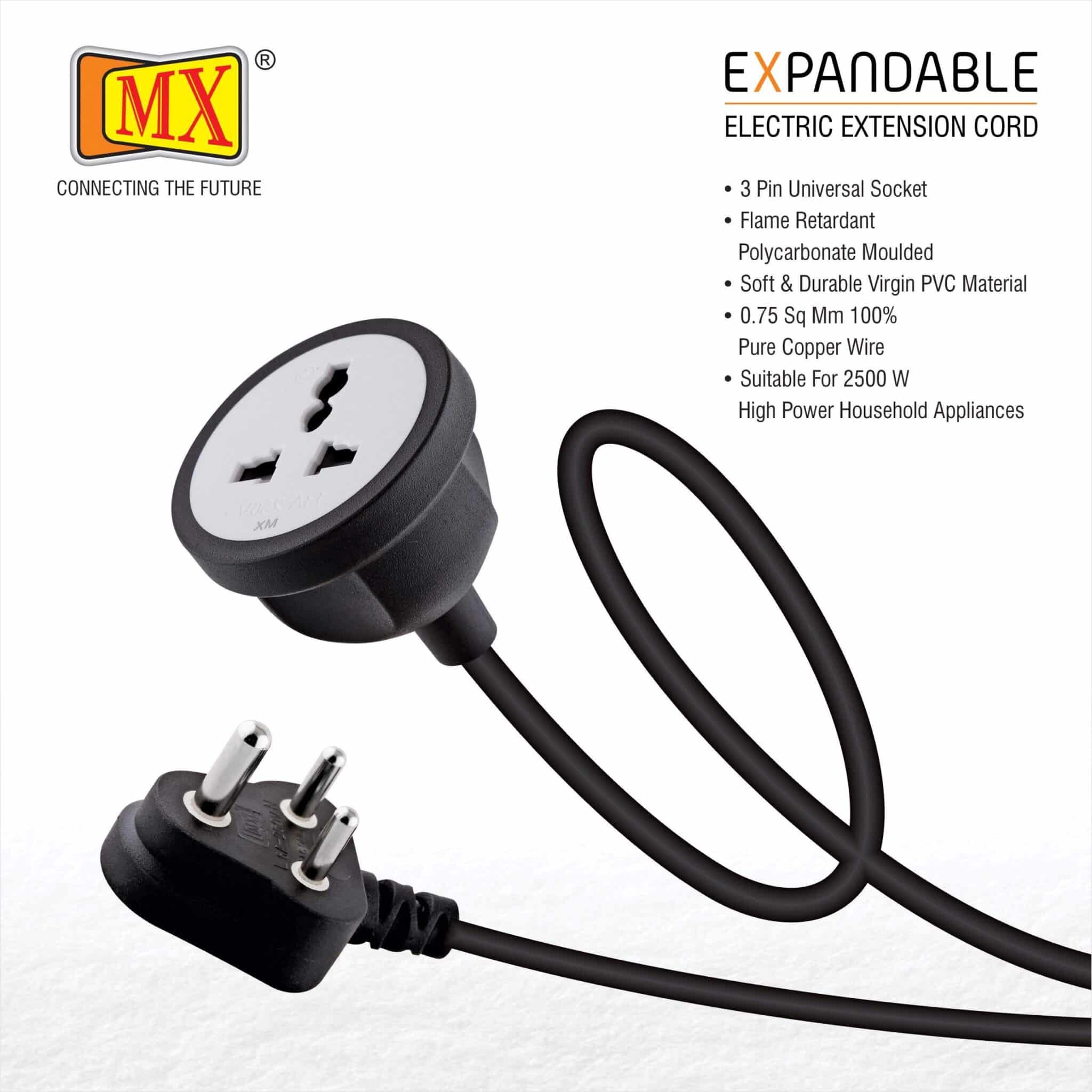 MX Extension Board with 5M Heavy Duty Long Wire Cord, Single Outlet Socket 2500W 10A Expandable Electric Extension, 3 Pin Plug with Surge Protection &amp; Child Safety Shutter, Black for home appliances like electric cooktop & Stove