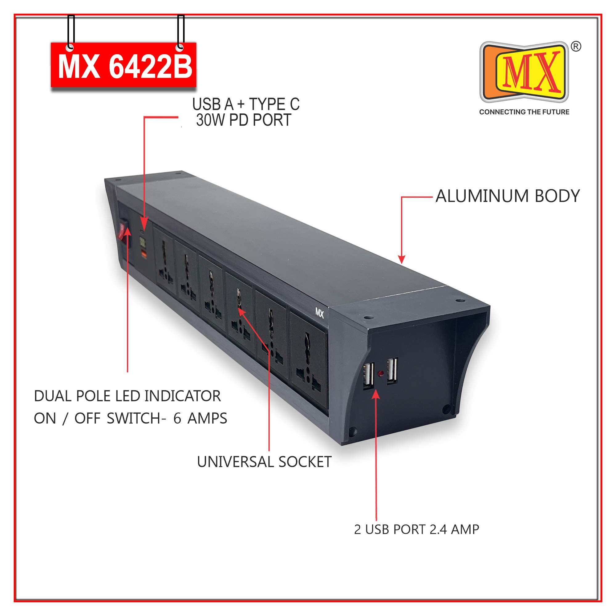 MX PDU Under table 6/13 Amps 6 Universal Socket | 2 USB (2.4 Amp) with 30W PD Charger With Display | Dual Pole LED Indicator Switch | 6 Amps Heavy Duty Cord 3 Meter with ISI Marked, Aluminium Body Material(MX 6422B-3M Black)