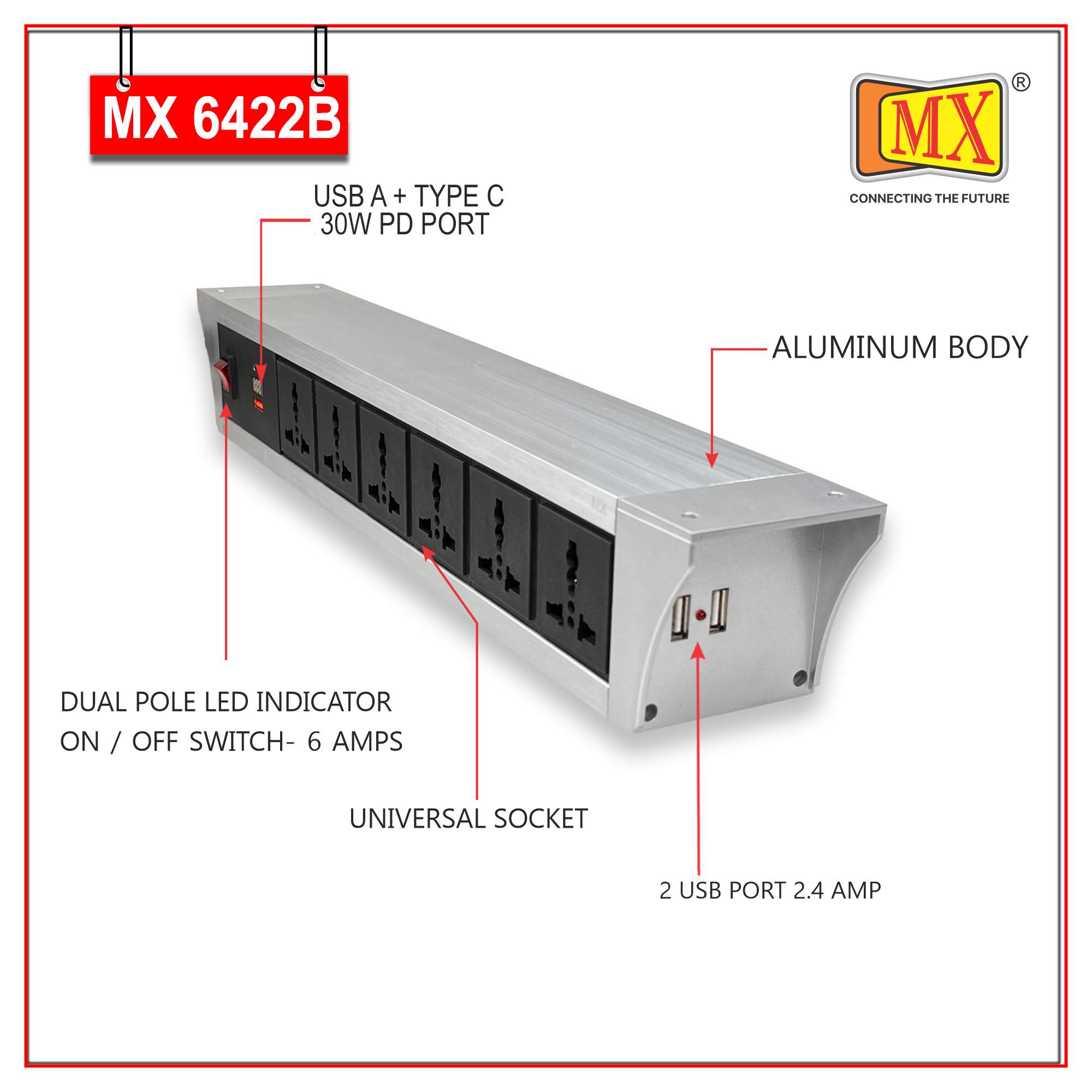 MX PDU Under table 6/13 Amps 6 Universal Socket | 2 USB (2.4 Amp) with 30W PD Charger With Display | Dual Pole LED Indicator Switch | 6 Amps Heavy Duty Cord 10 Meter with ISI Marked, Aluminium Body Material(MX 6422B-10M Silver)