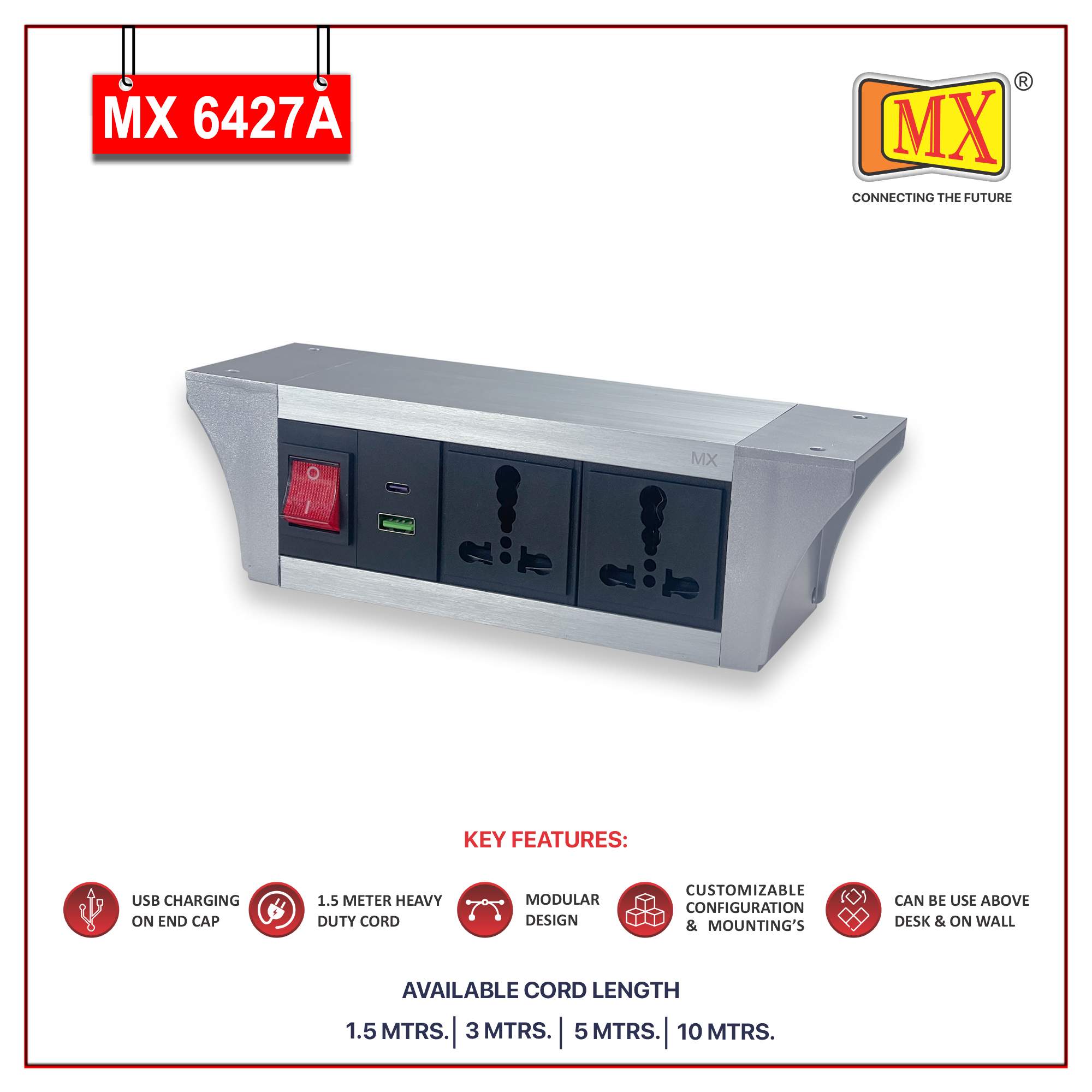 MX PDU Under table 6/16 Amps 2 Universal Socket | 2 USB (2.4 Amp) with 30W PD Charger | Dual Pole LED Indicator Switch | 16 Amps Heavy Duty Cord 3 Meter with ISI Marked, Aluminium Body Material(MX 6427A-3M Silver)