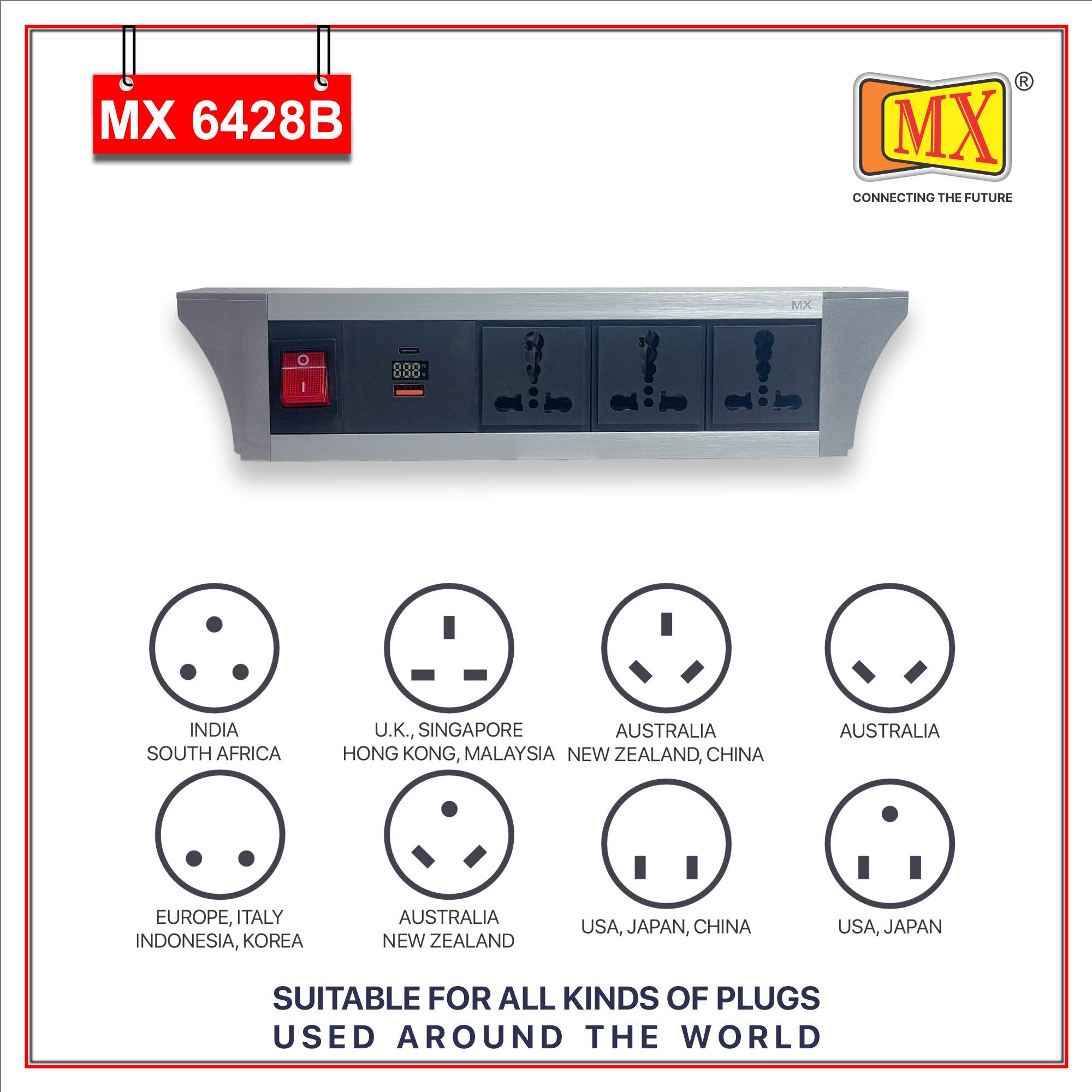 MX PDU Under table 6/16 Amps 3 Universal Socket | 2 USB (2.4 Amp) with 30W PD Charger With Display | Dual Pole LED Indicator Switch | 16 Amps Heavy Duty Cord 3 Meter with ISI Marked, Aluminium Body Material(MX 6428B-3M Silver)