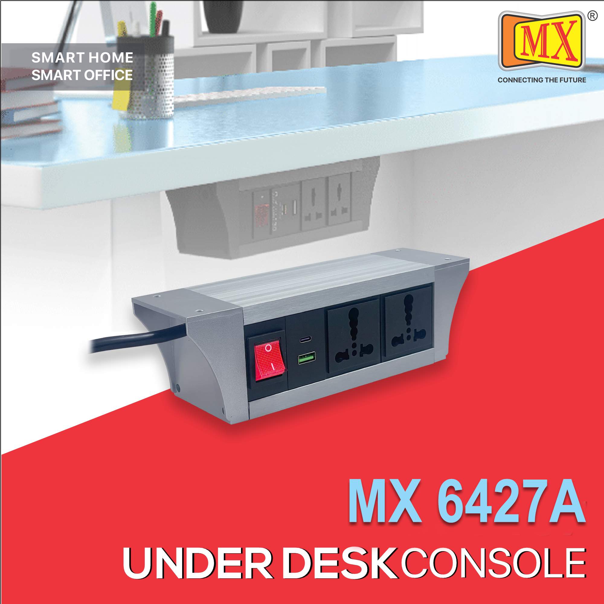 MX PDU Under table 6/16 Amps 2 Universal Socket | 2 USB (2.4 Amp) with 30W PD Charger | Dual Pole LED Indicator Switch | 16 Amps Heavy Duty Cord 1.5 Meter with ISI Marked, Aluminium Body Material(MX 6427A-1.5M Silver)
