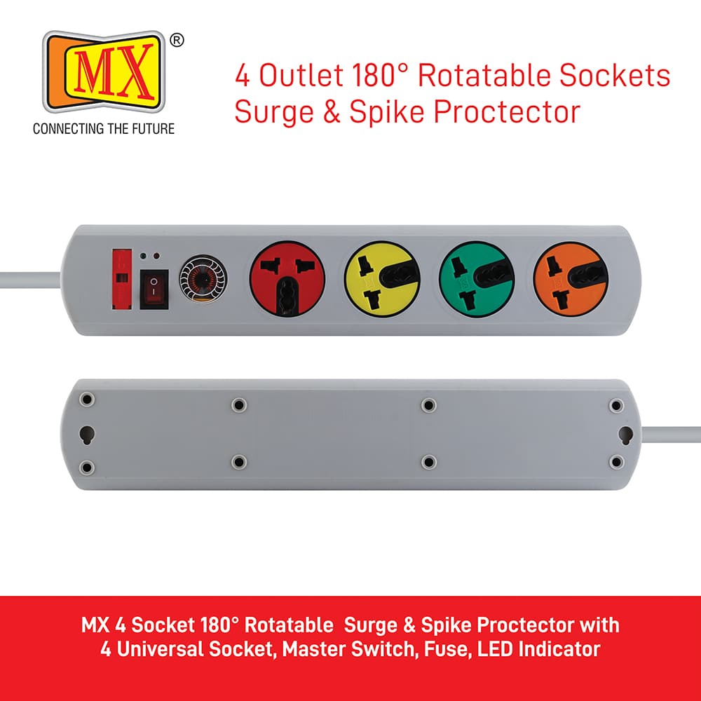 MX 4 Socket 180 Degree Rotatable Surge & Spike Protector with 4 Universal Socket, Master Switch, Fuse, LED Indicator 1.5 mtr Cord Length for home appliances like electric cooktop & Stove