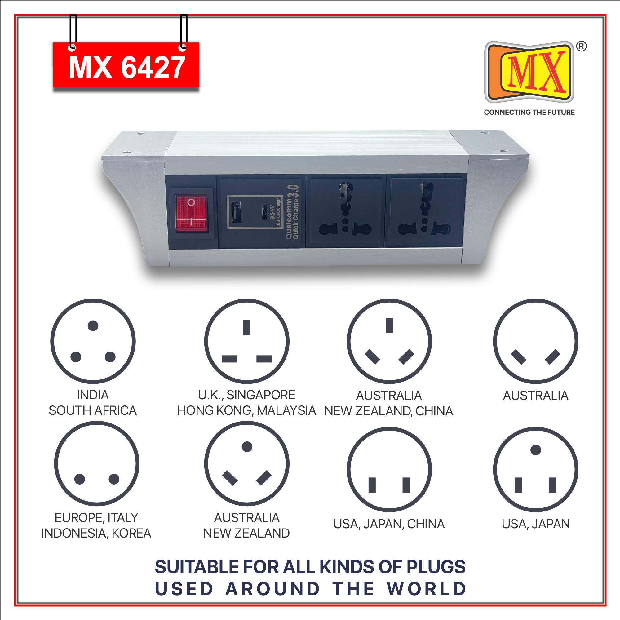 MX PDU Under table 6/16 Amps 2 Universal Socket | 2 USB (2.4 Amp) with 95W PD Charger | Dual Pole LED Indicator Switch | 16 Amps Heavy Duty Cord 10 Meter with ISI Marked, Aluminium Body Material(MX 6427-10M Silver)