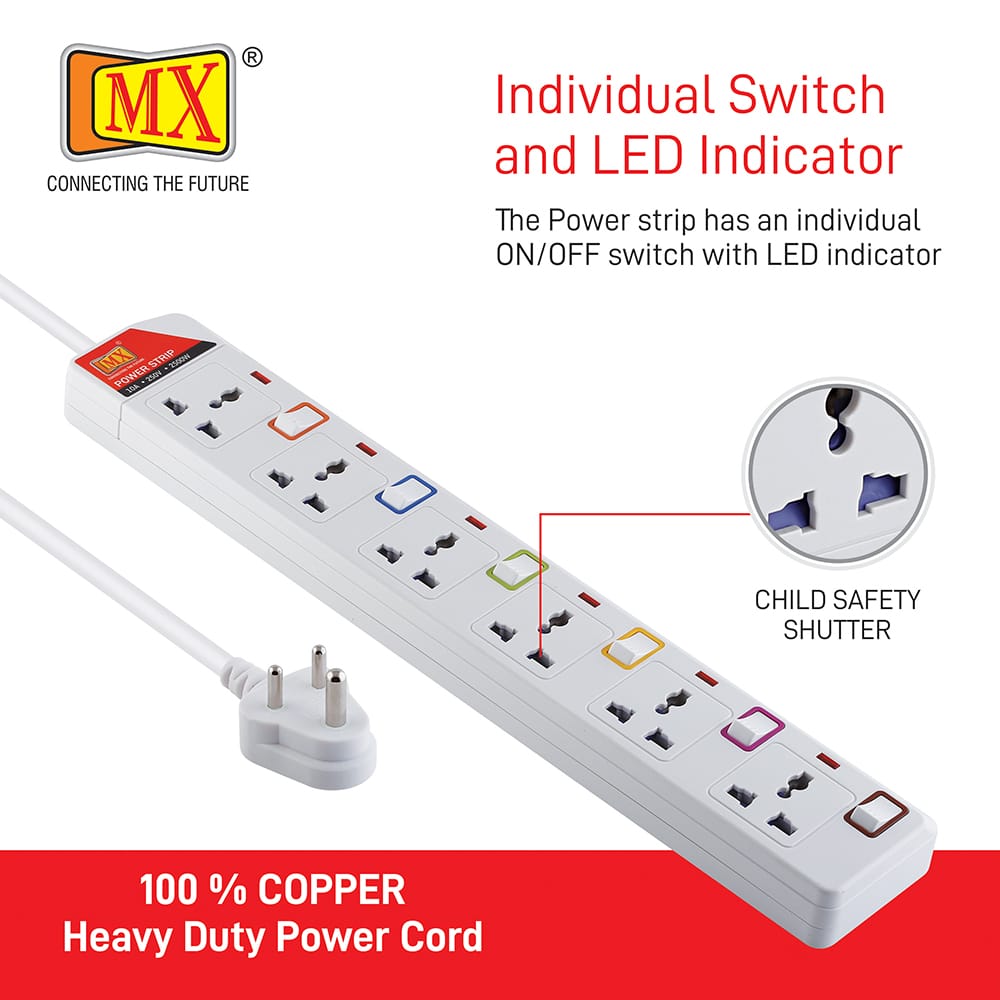 MX 6 Outlet Power Strip with Universal Socket & LED Indicator Individual Color Switch with Circuit Breaker Protection Spike Guard Extension Board with Child Safety Shutter, 1.5 Meter for home appliances like electric cooktop & Stove