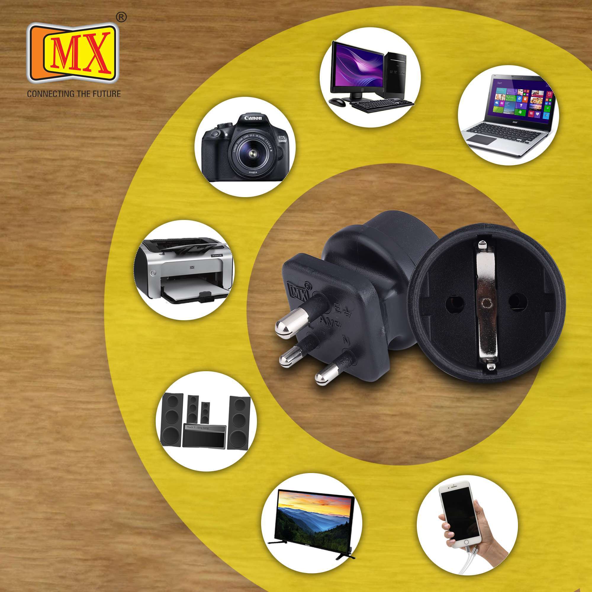 MX European (Schuko) to India Plug Adapter 15 Amp- Convert European Type E/F Input to India Type M Three Prong Output Connection, Black Pack of 2
