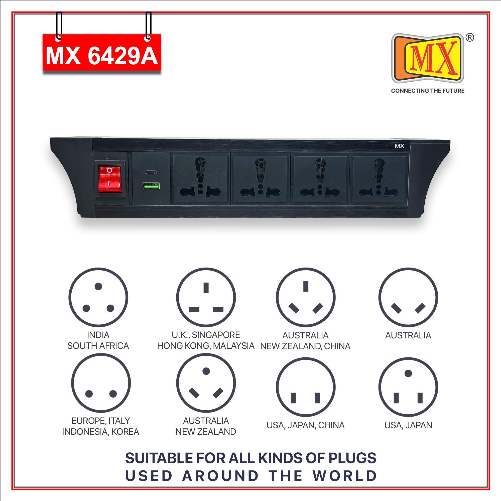 MX PDU Under table 6/16 Amps 4 Universal Socket | 2 USB (2.4 Amp) with 30W PD Charger | Dual Pole LED Indicator Switch | 16 Amps Heavy Duty Cord 5 Meter with ISI Marked, Aluminium Body Material(MX 6429A-5M Black)
