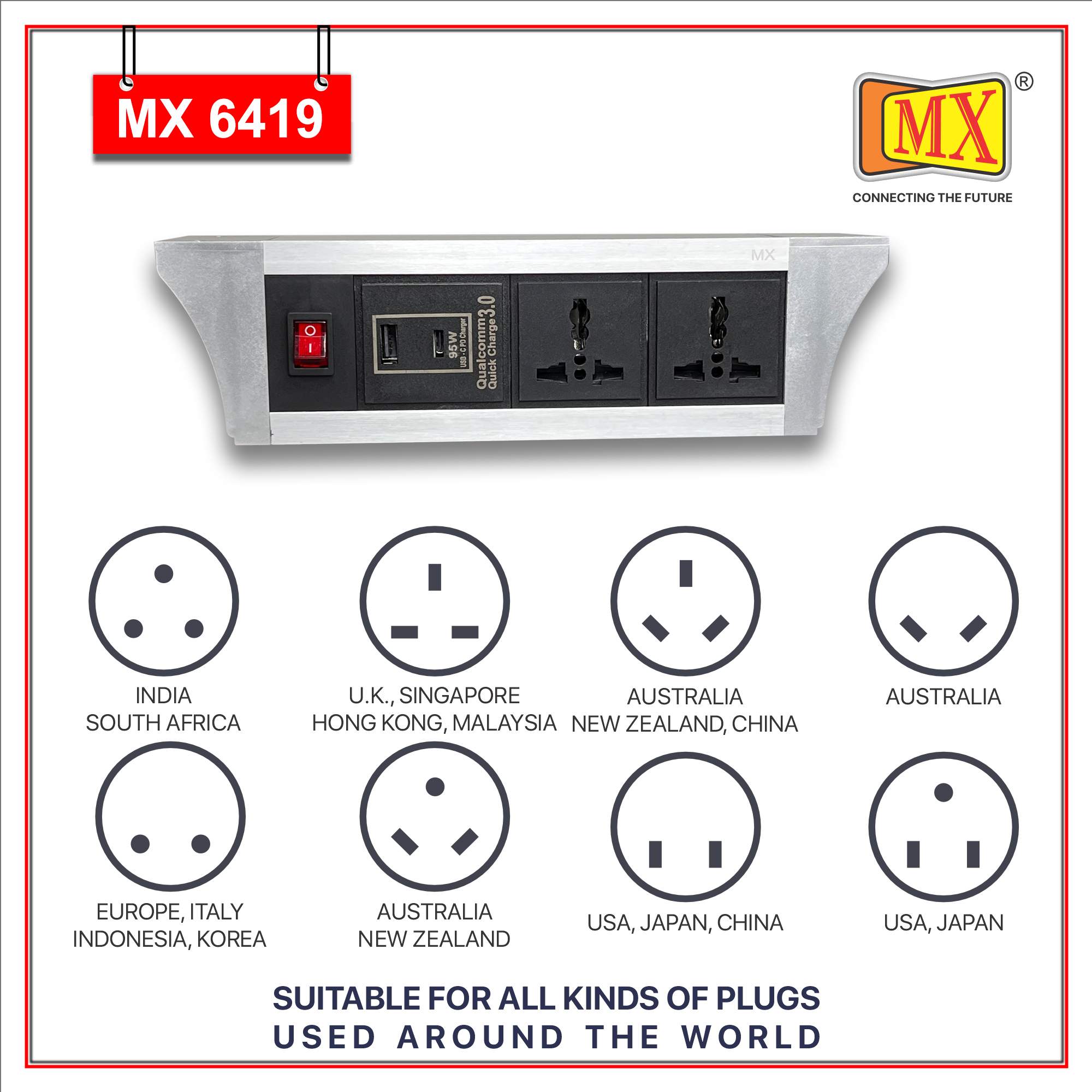 MX PDU Under table 6/13 Amps 2 Universal Socket | 2 USB (2.4 Amp) with 95W PD Charger | Dual Pole LED Indicator Switch | 6 Amps Heavy Duty Cord 5 Meter with ISI Marked, Aluminium Body Material(MX 6419-5M Silver)