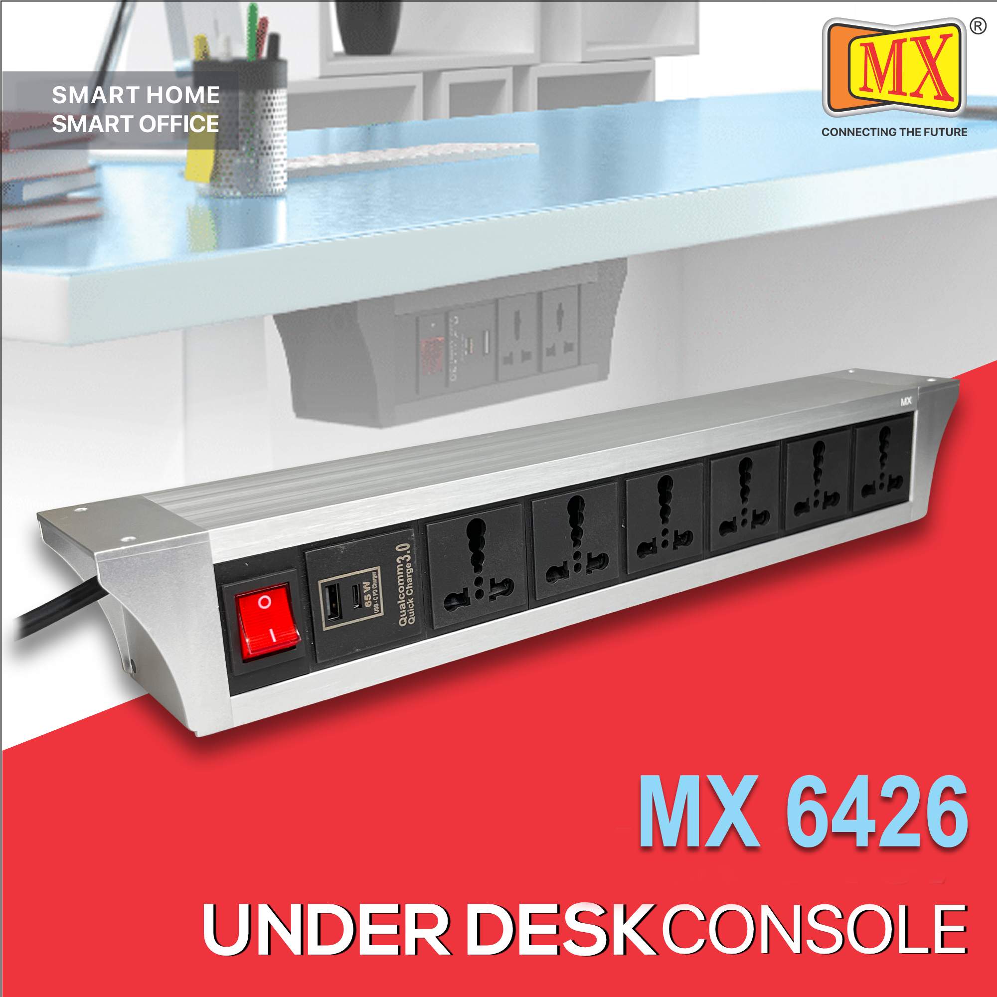 MX PDU Under table 6/16 Amps 6 Universal Socket | 2 USB (2.4 Amp) with 65W PD Charger | Dual Pole LED Indicator Switch | 16 Amps Heavy Duty Cord 5 Meter with ISI Marked, Aluminium Body Material(MX 6426-5M Silver)