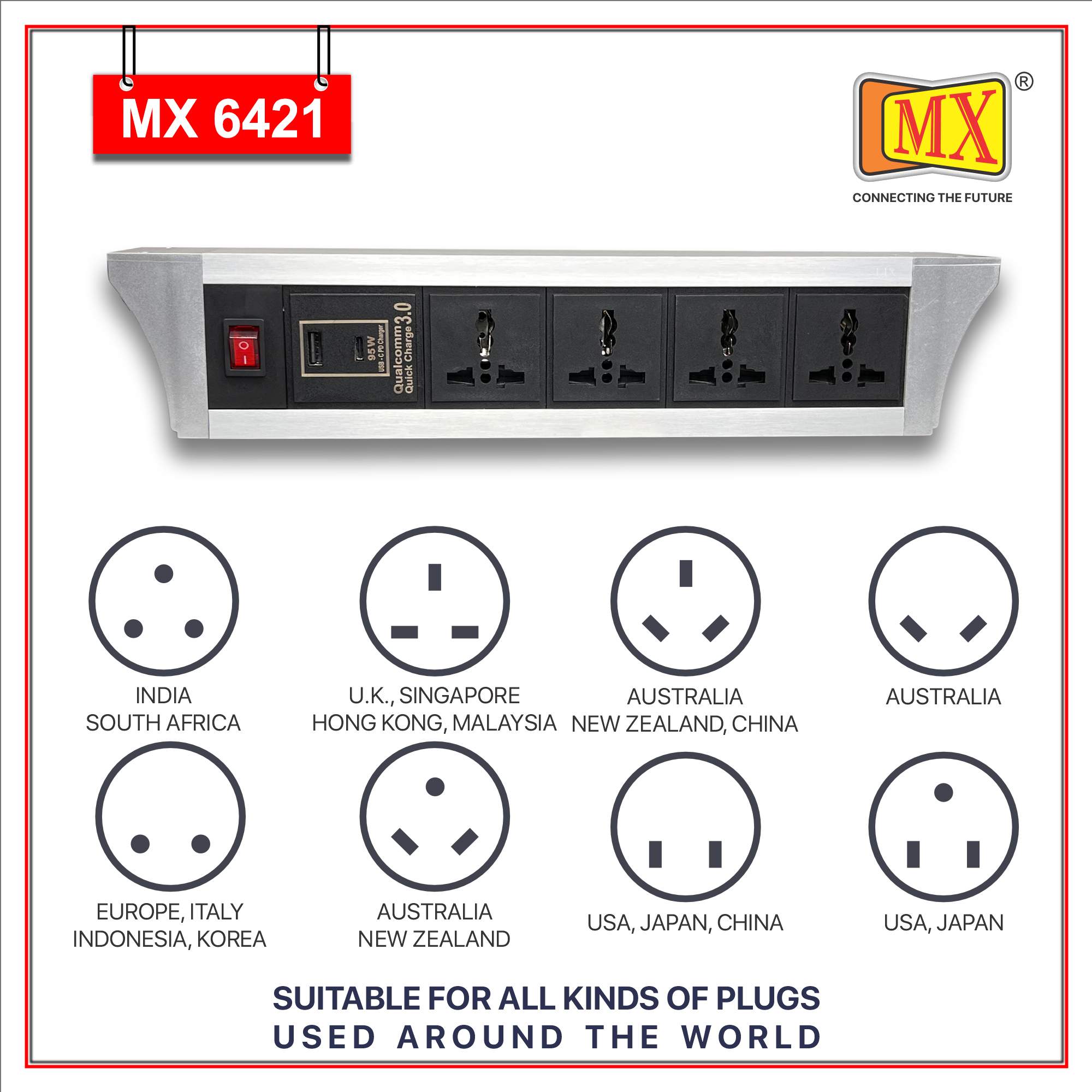 MX PDU Under table 6/13 Amps 4 Universal Socket | 2 USB (2.4 Amp) with 95W PD Charger | Dual Pole LED Indicator Switch | 6 Amps Heavy Duty Cord 3 Meter with ISI Marked, Aluminium Body Material(MX 6421-3M Silver)