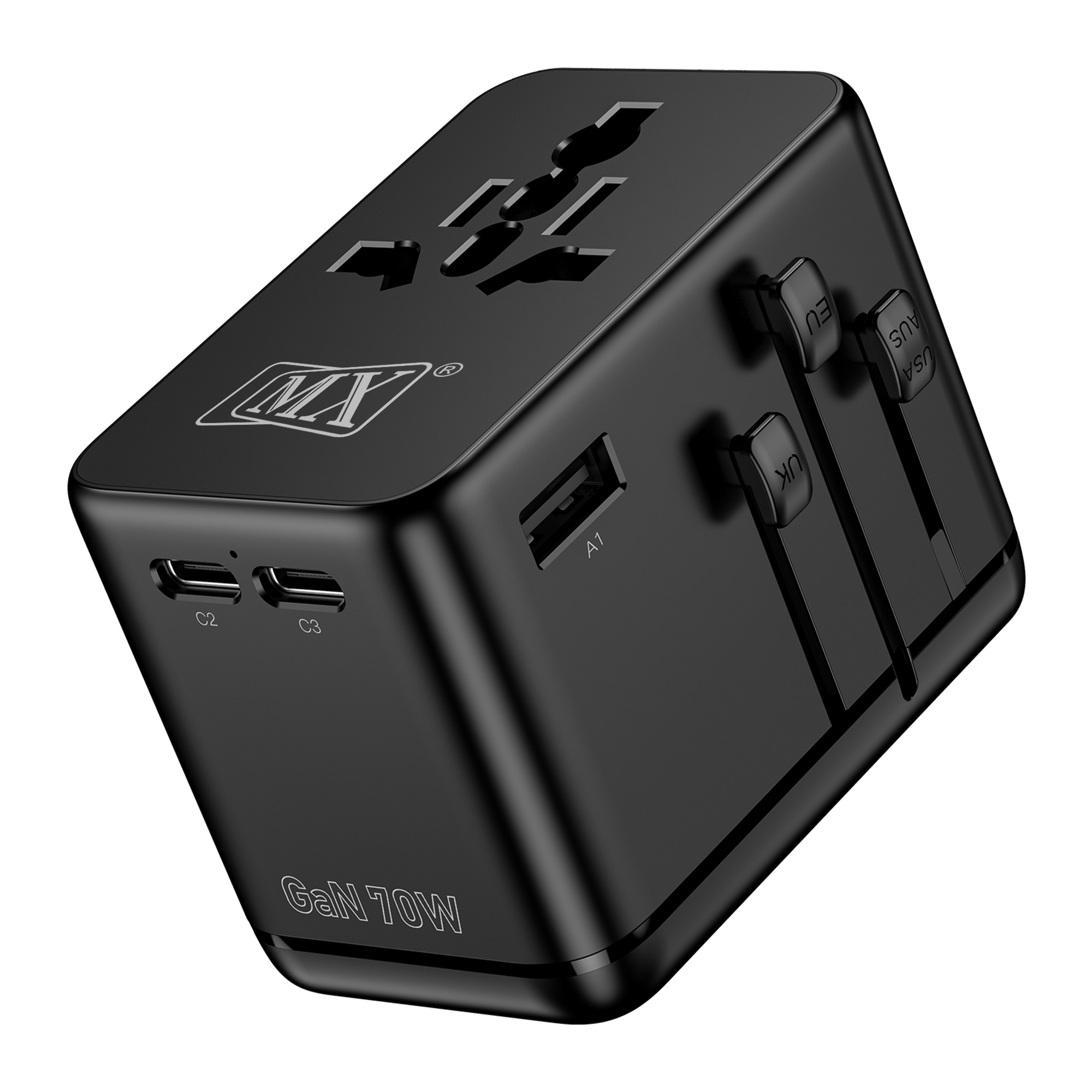 MX GaN 70W Universal Travel Adapter with 2 AC Outlets, 3 USB-C & 1 USB-A Ports, 6-in-1 International Power Adapter for Worldwide Travel, Type A/C/G/I Plugs, 200+ Countries Fast Charging Adapter