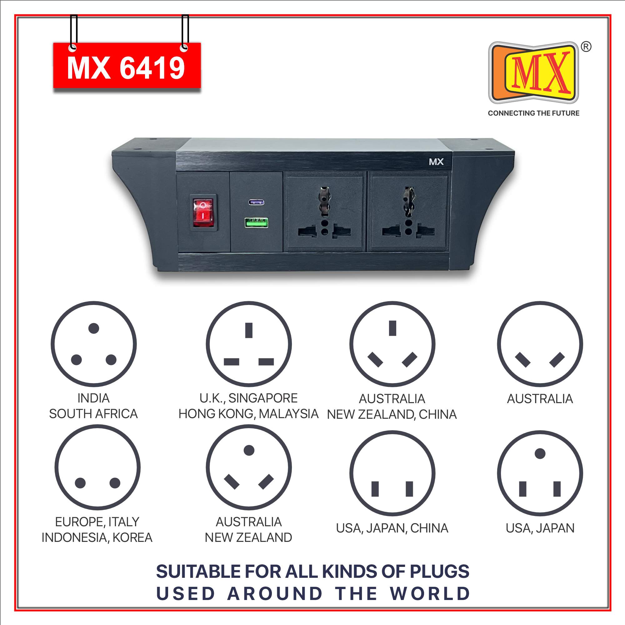 MX PDU Under table 6/13 Amps 2 Universal Socket | 2 USB (2.4 Amp) with 30W PD Charger | Dual Pole LED Indicator Switch | 6 Amps Heavy Duty Cord 1.5 Meter with ISI Marked, Aluminium Body Material(MX 6419A-1.5M Black)