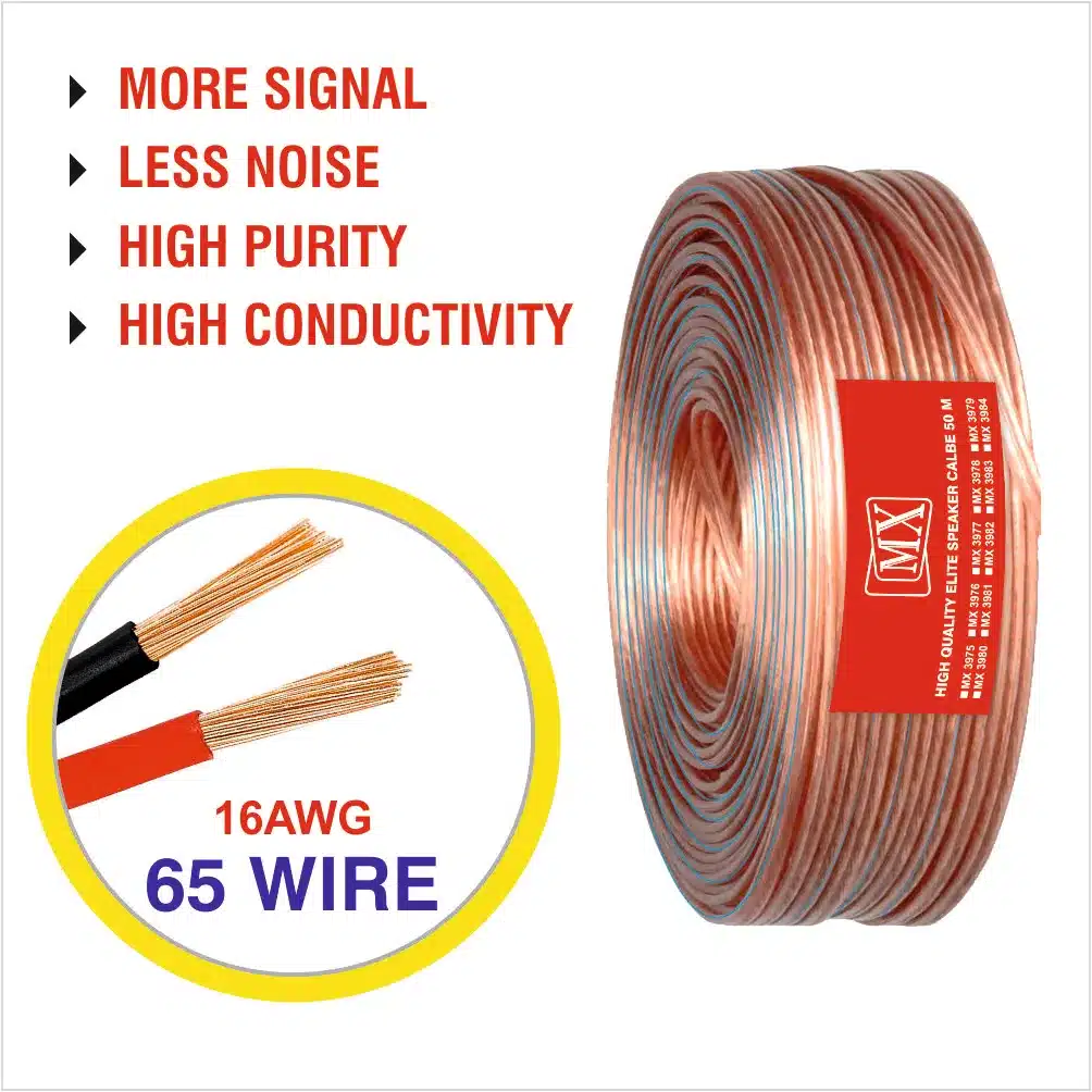 MX High Performance Transparent Speaker Cable 65 WIRE = 16 AWG - 50 meters Coil - Premium Speaker Wires for Home Theater Systems, Speakers, Vehicles, Car Audio, Amplifiers, Hi-Fis, Receivers Etc.