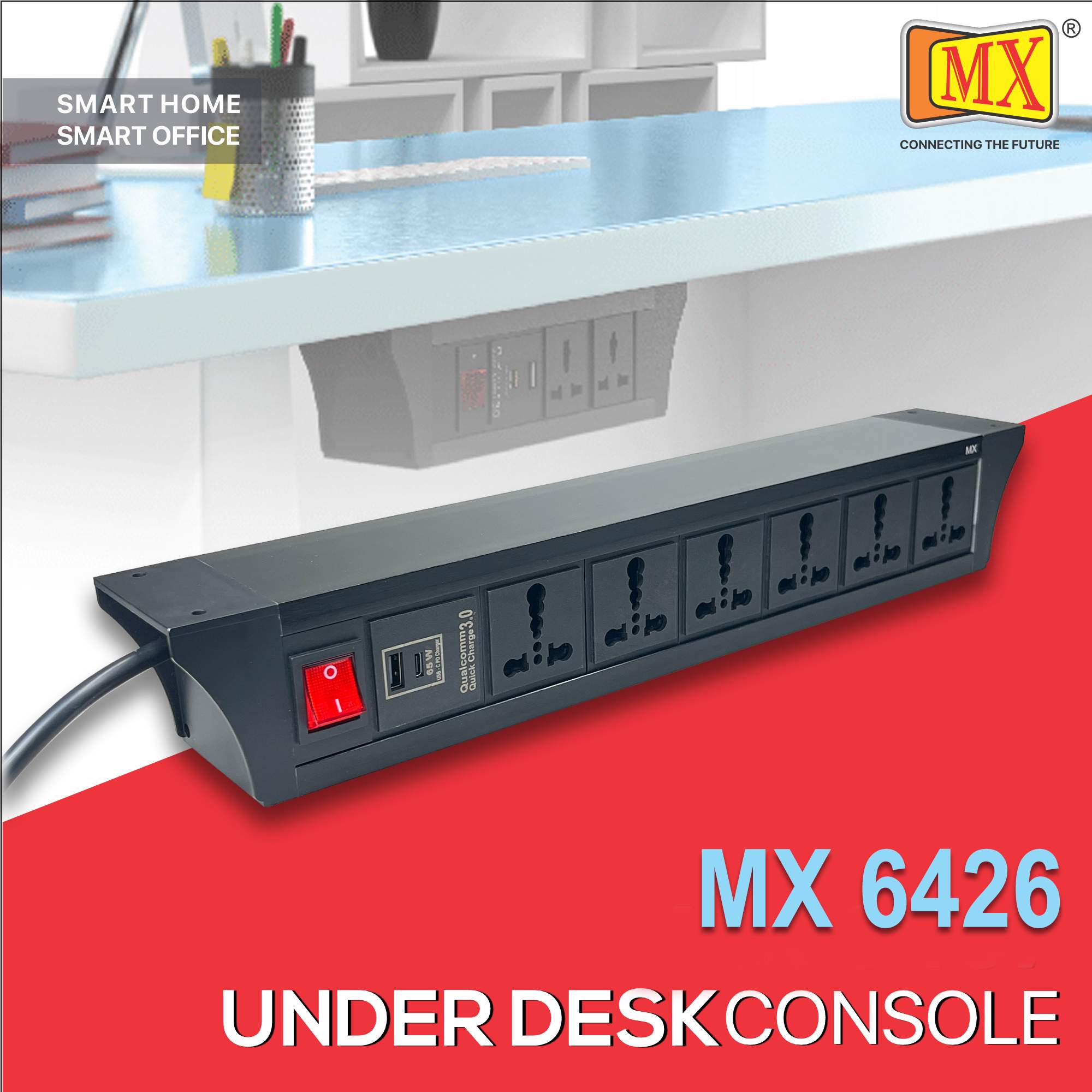 MX PDU Under table 6/16 Amps 6 Universal Socket | 2 USB (2.4 Amp) with 65W PD Charger | Dual Pole LED Indicator Switch | 16 Amps Heavy Duty Cord 3 Meter with ISI Marked, Aluminium Body Material(MX 6426-3M Black)