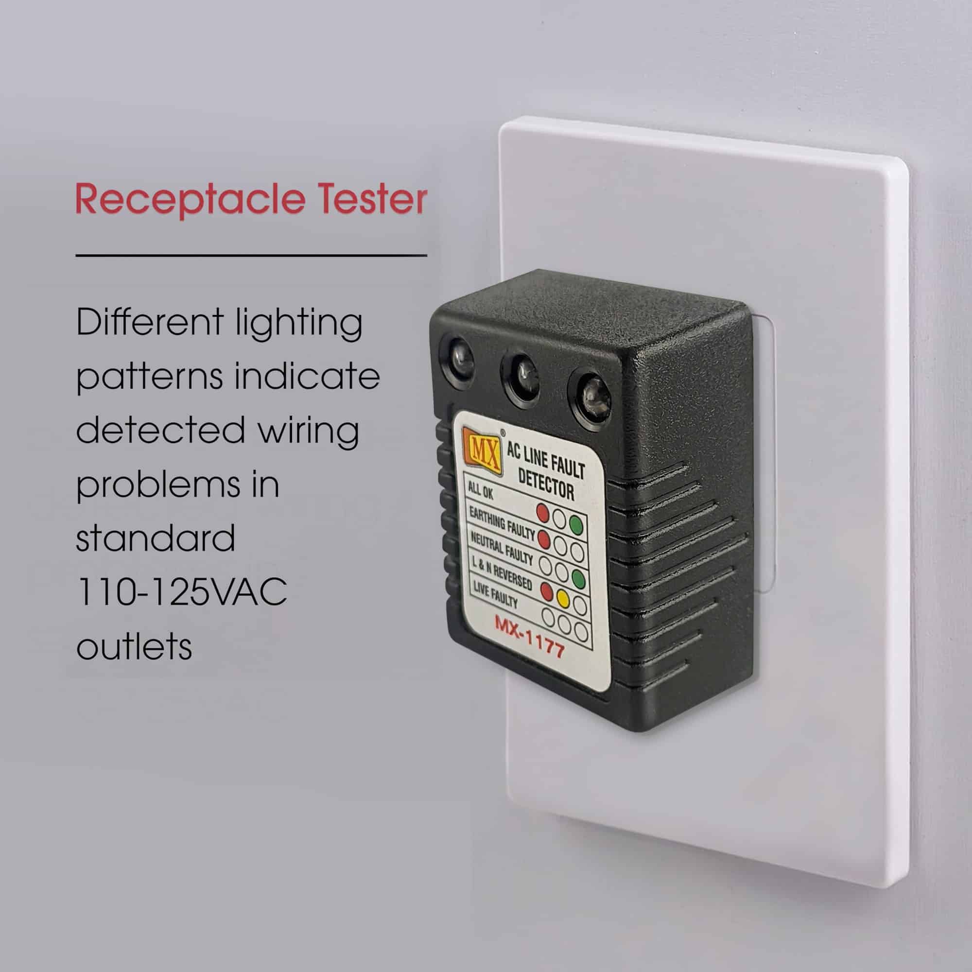 MX AC Electrical Line Fault Detector 5 AMP 3 Pin AC Socket Tester with Automatic Earthing & Neutral Faulty | L&N Reversed | Live Faulty Detector with RYG Led Indicator Wall Plug - Pack of 5