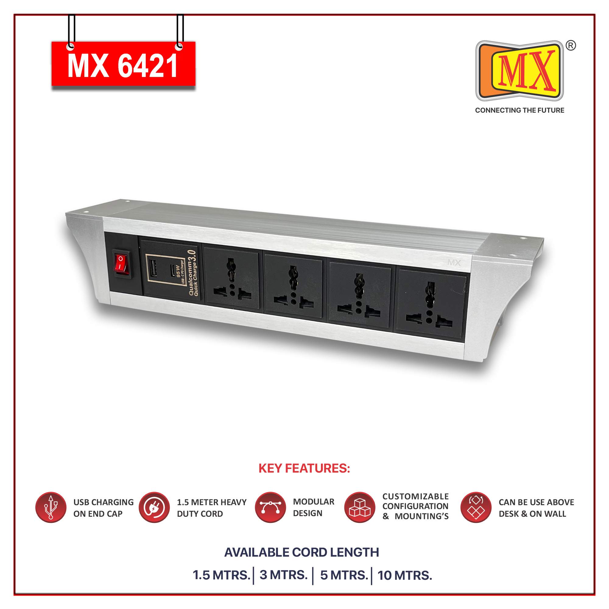 MX PDU Under table 6/13 Amps 4 Universal Socket | 2 USB (2.4 Amp) with 95W PD Charger | Dual Pole LED Indicator Switch | 6 Amps Heavy Duty Cord 3 Meter with ISI Marked, Aluminium Body Material(MX 6421-3M Silver)