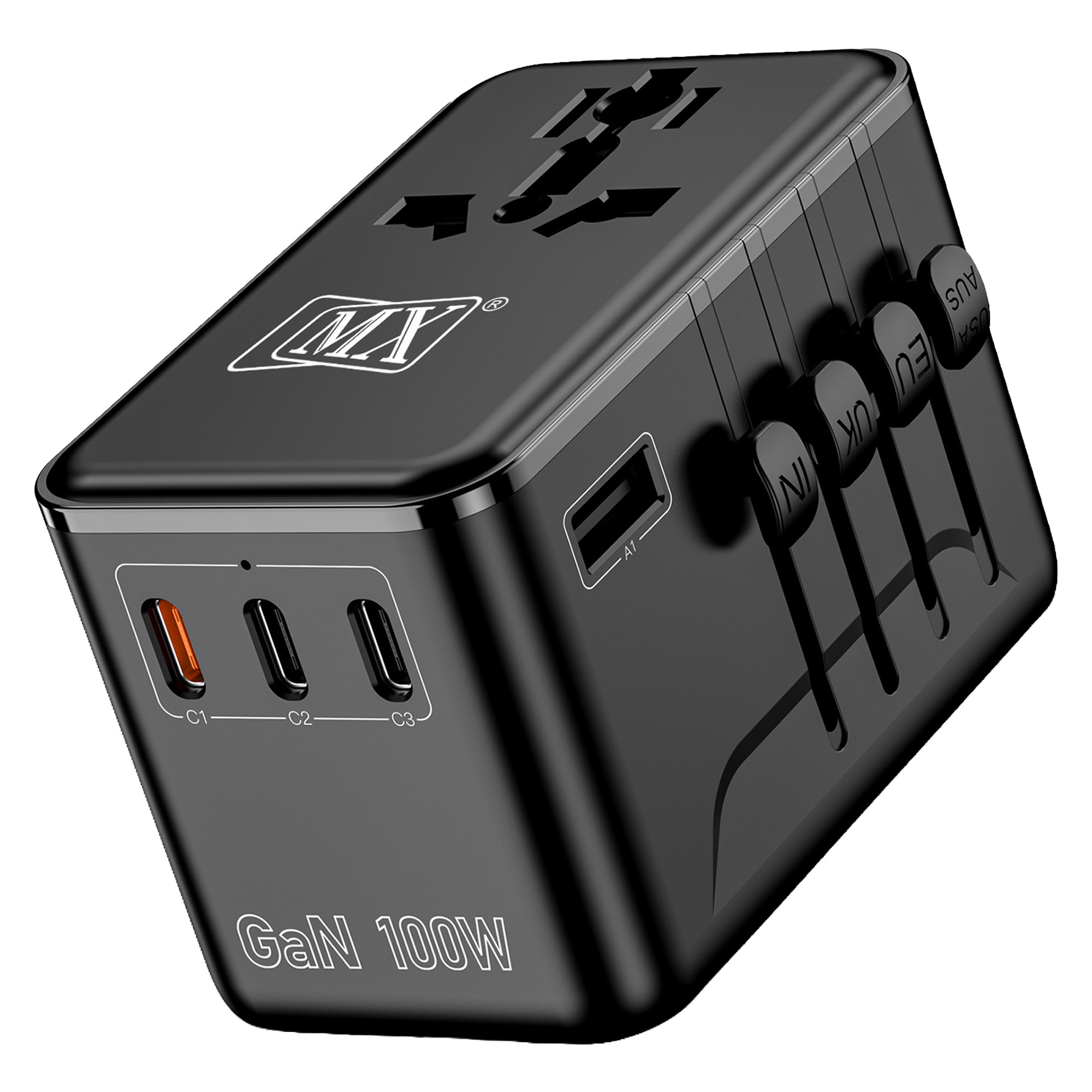 MX GaN 100W Universal Travel Adapter with 3 USB-C Ports & 1 USB-A Port, 5-in-1 International Power Adapter for Worldwide Travel with Auto-Resetting Fuse, Type D/A/C/G/I Output, 200+Countries