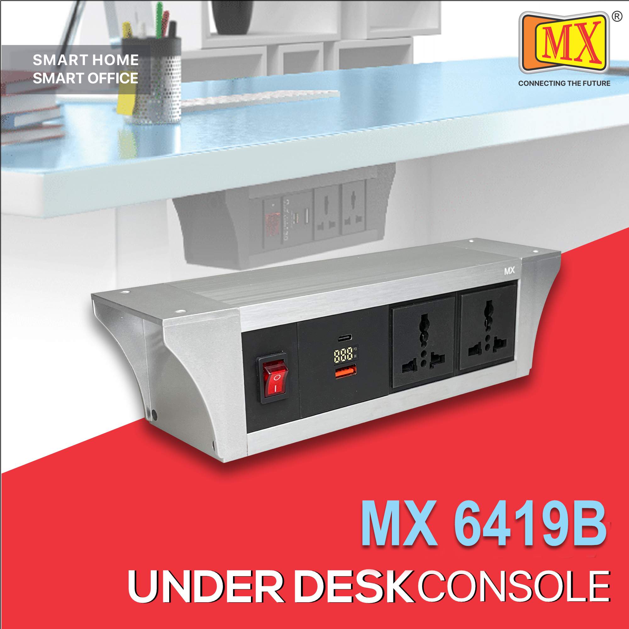 MX PDU Under table 6/13 Amps 2 Universal Socket | 2 USB (2.4 Amp) with 30W PD Charger With Display | Dual Pole LED Indicator Switch | 6 Amps Heavy Duty Cord 10 Meter with ISI Marked, Aluminium Body Material(MX 6419B-10M Silver)