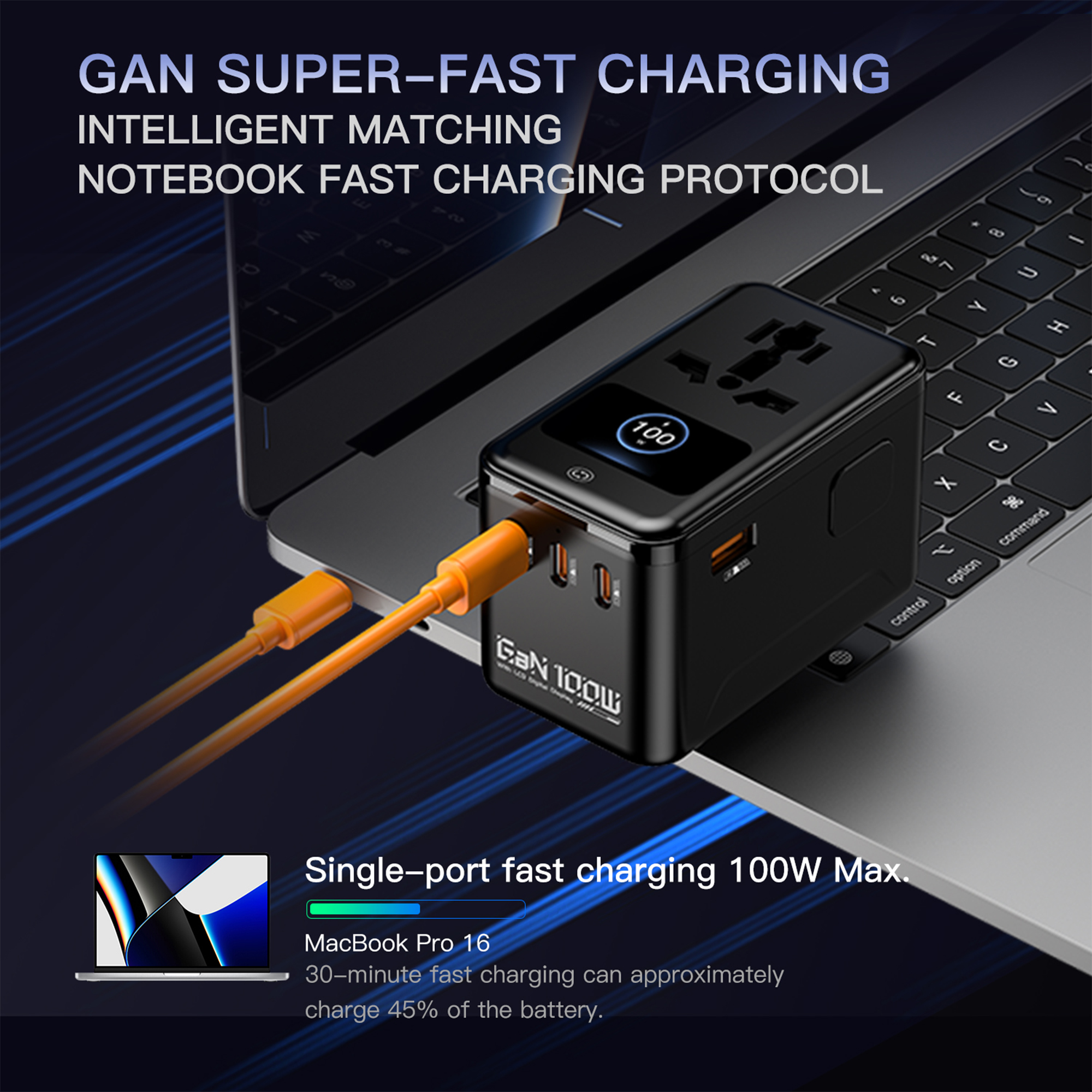 MX 100W GaN Universal Travel Adapter Smart LCD Display Fast Charging Station, Multi Device Charger, USB-C PD 100W International Plug Adapter for 200+ Countries | MacBook, iPhone, Samsung & Laptop