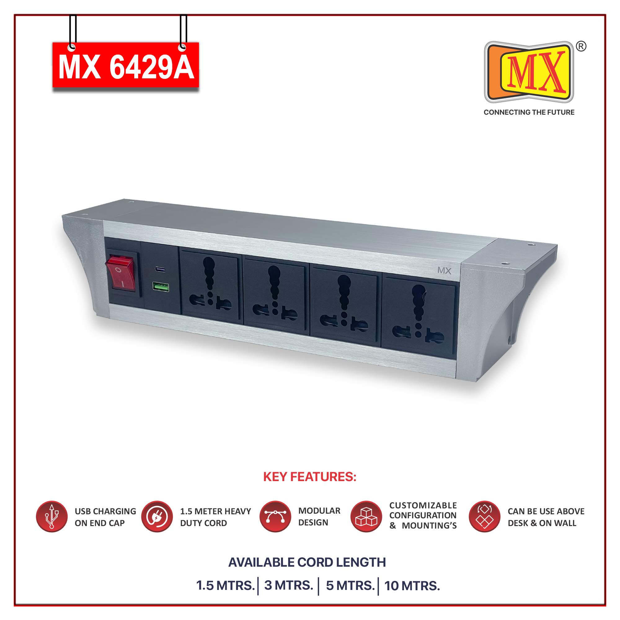 MX PDU Under table 6/16 Amps 4 Universal Socket | 2 USB (2.4 Amp) with 30W PD Charger | Dual Pole LED Indicator Switch | 16 Amps Heavy Duty Cord 3 Meter with ISI Marked, Aluminium Body Material(MX 6429A-3M Silver)