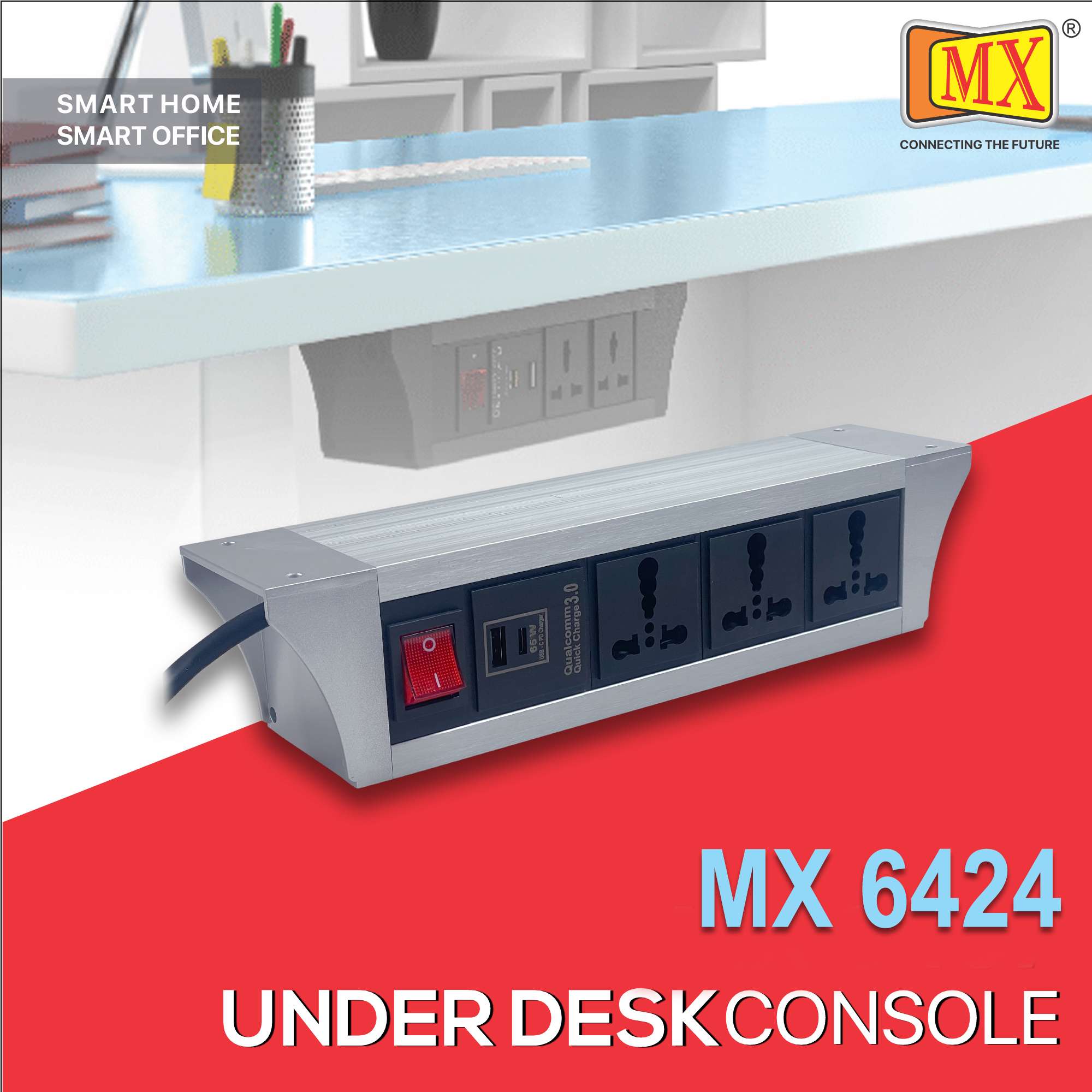 MX PDU Under table 6/16 Amps 3 Universal Socket | 2 USB (2.4 Amp) with 65W PD Charger | Dual Pole LED Indicator Switch | 16 Amps Heavy Duty Cord 1.5 Meter with ISI Marked, Aluminium Body Material(MX 6424-1.5M Silver)
