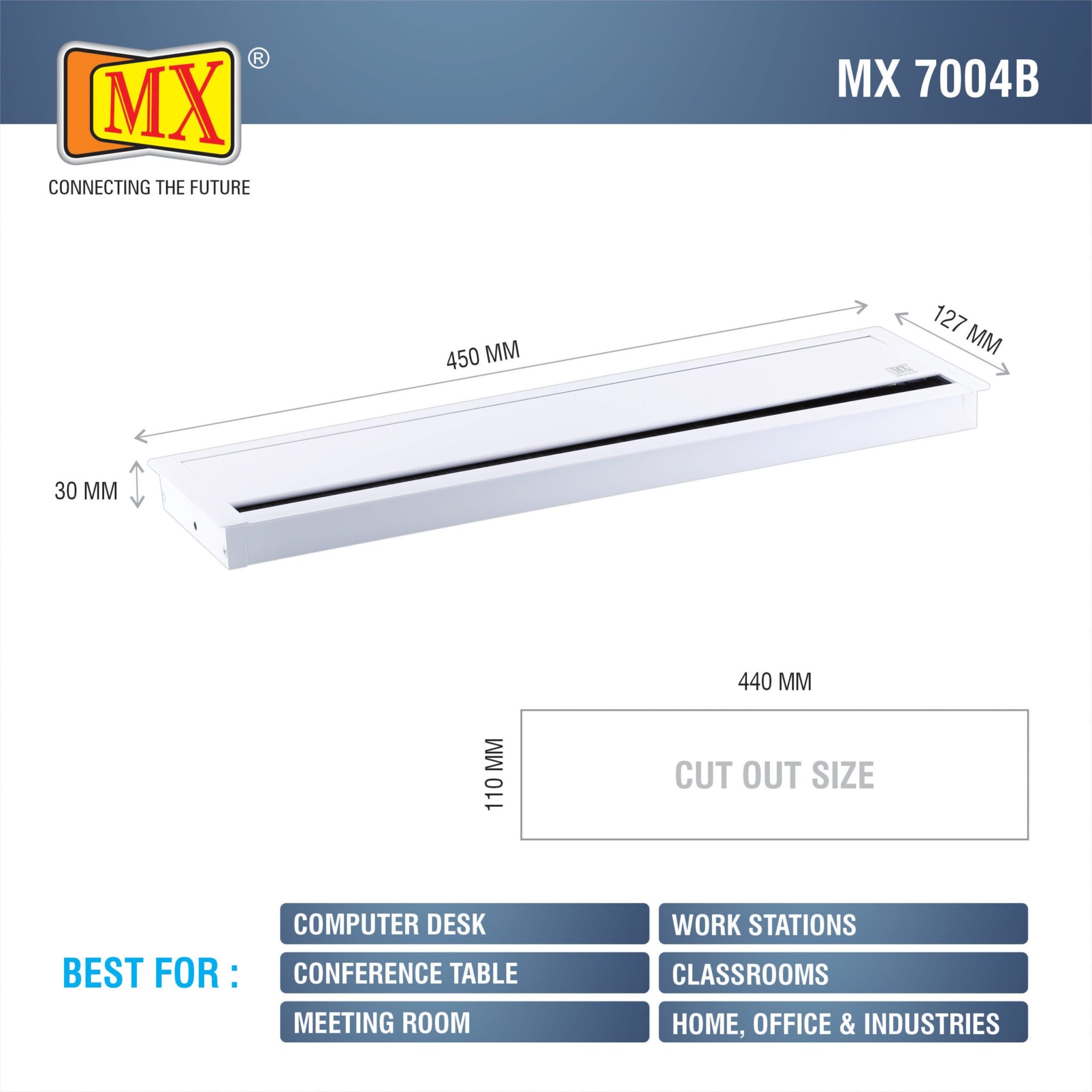 MX Aluminum Alloy Access Flap with Soft Closing: Your Ultimate Desk Organizer for Effortless Cable Management and Workspace Tidiness (Cutout Size: 440X110 MM) White