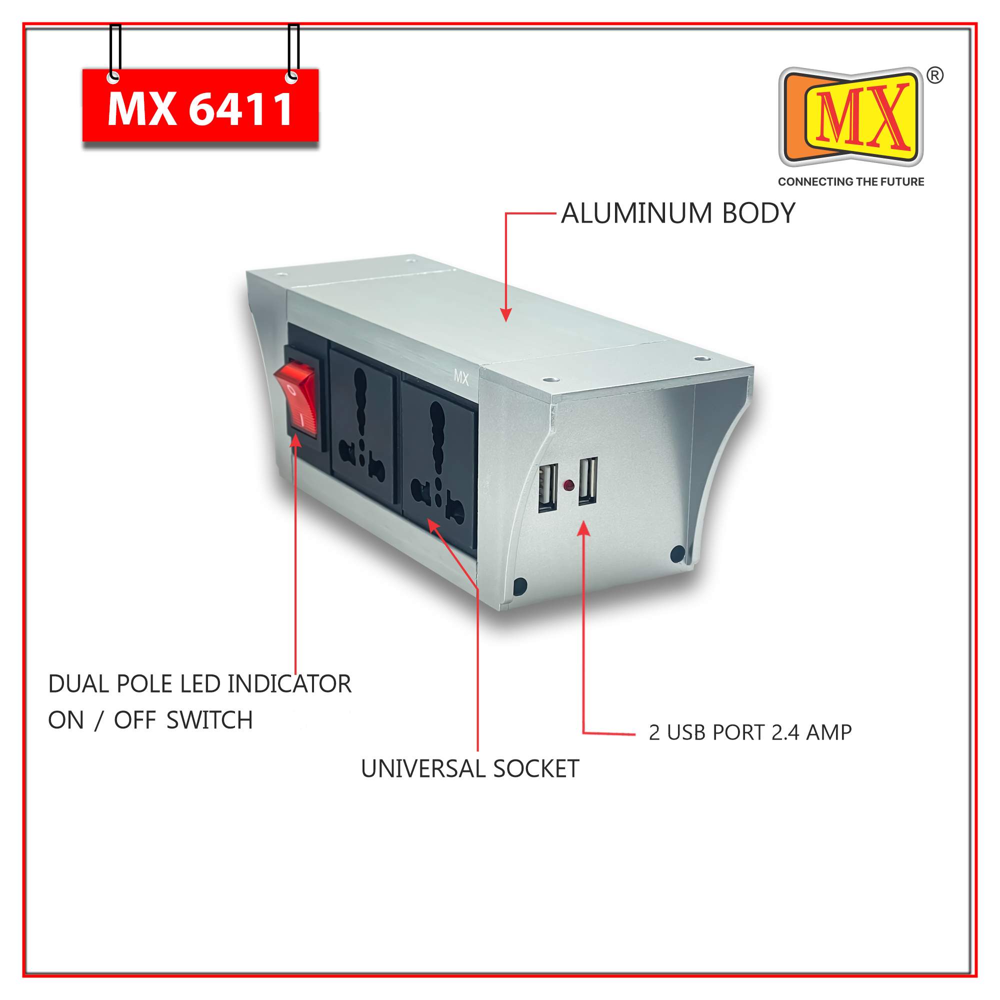 MX PDU Under table 6/16 Amps 2 Universal Socket | 2 USB (2.4 Amp) with Dual Pole LED Indicator Switch | 16 Amps Heavy Duty Cord 5 Meter with ISI Marked, Aluminium Body Material(MX 6411-5M Silver)