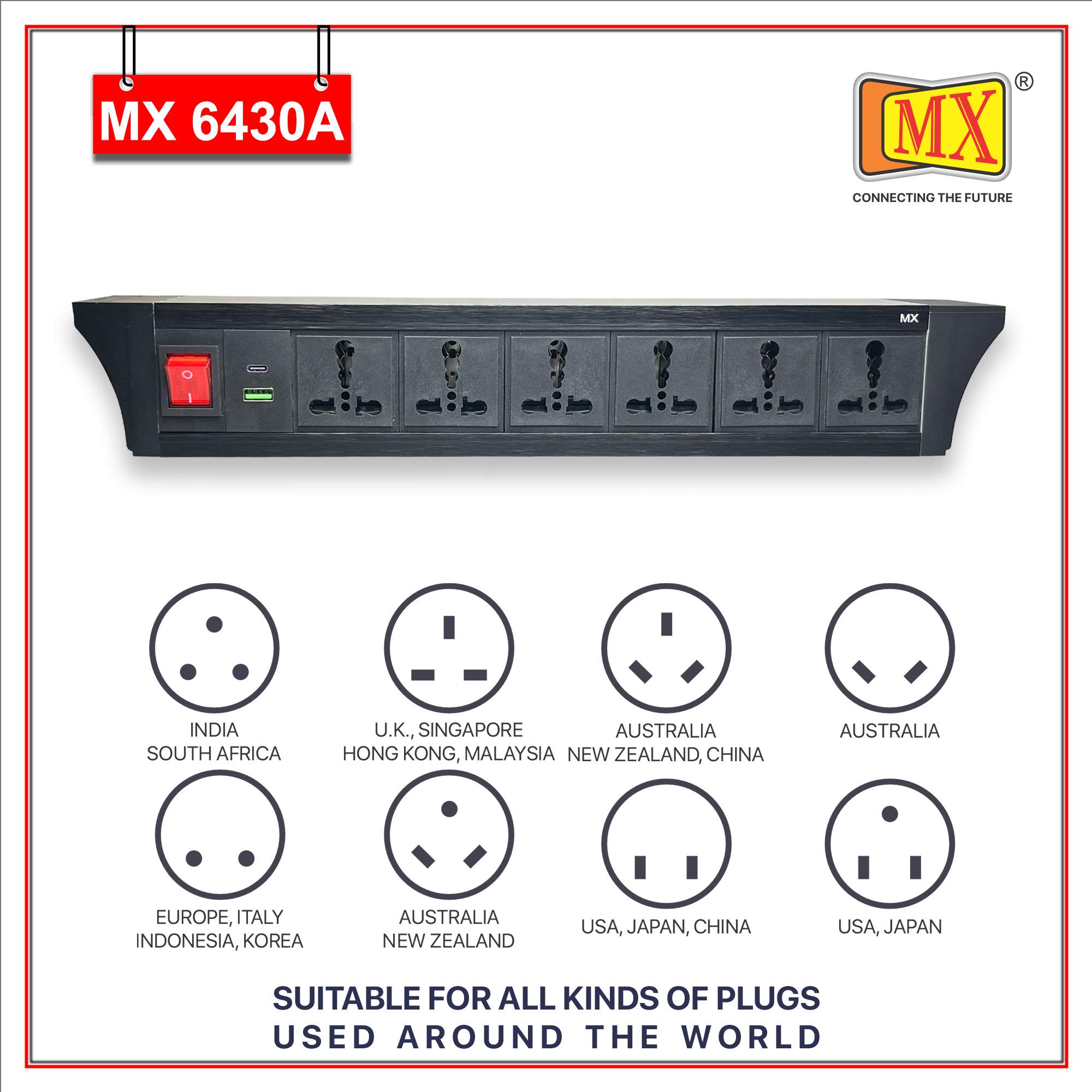 MX PDU Under table 6/16 Amps 6 Universal Socket | 2 USB (2.4 Amp) with 30W PD Charger | Dual Pole LED Indicator Switch | 16 Amps Heavy Duty Cord 5 Meter with ISI Marked, Aluminium Body Material(MX 6430A-5M Black)