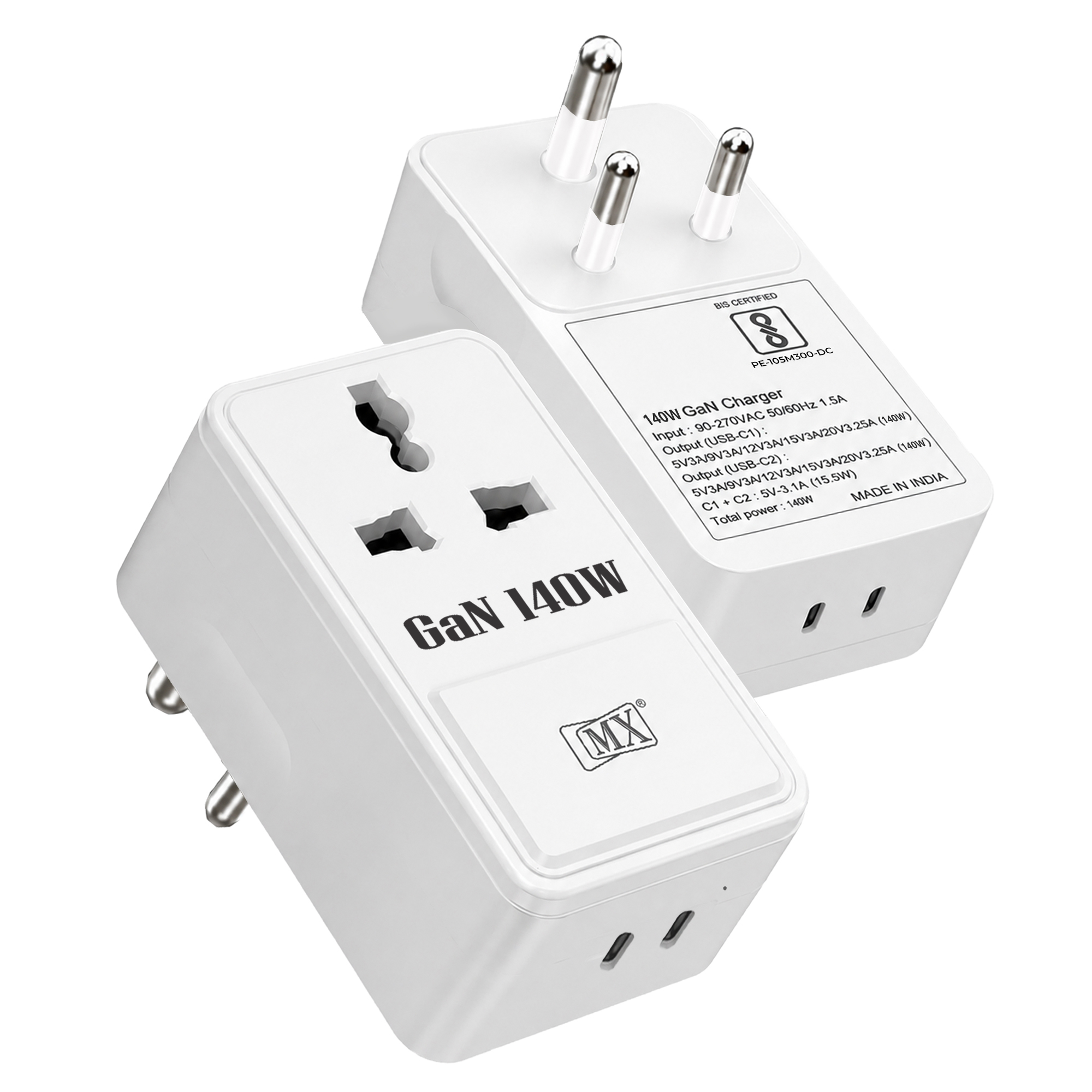 MX 140W GaN Multi Plug Indian Pin Adapter with Universal Socket & Dual USB-C PD Fast Charging - White