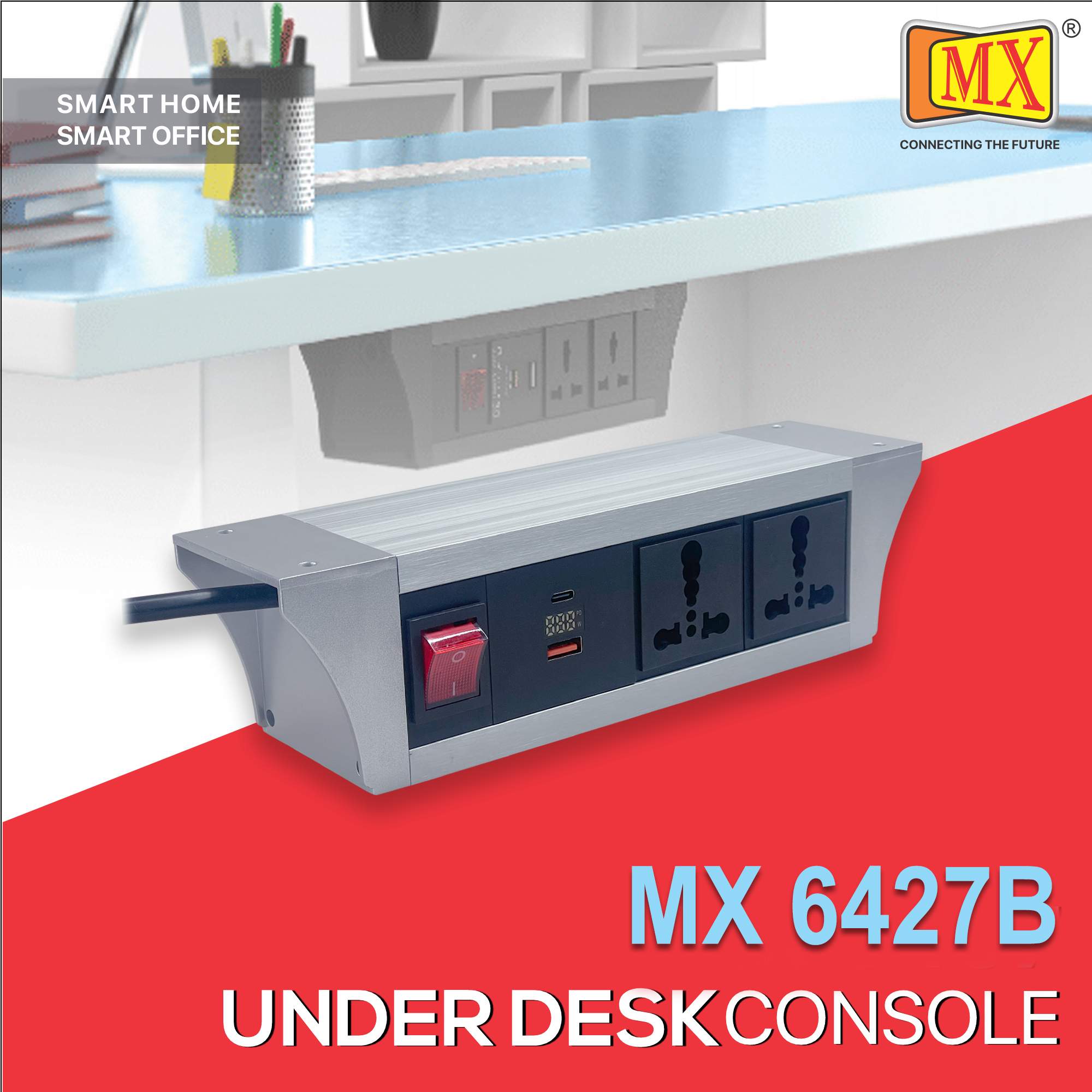 MX PDU Under table 6/16 Amps 2 Universal Socket | 2 USB (2.4 Amp) with 30W PD Charger With Display | Dual Pole LED Indicator Switch | 16 Amps Heavy Duty Cord 5 Meter with ISI Marked, Aluminium Body Material(MX 6427B-5M Silver)