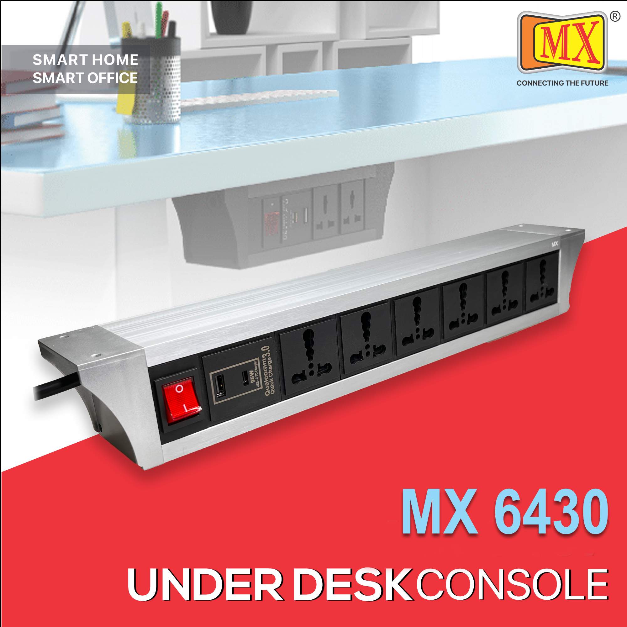 MX PDU Under table 6/16 Amps 6 Universal Socket | 2 USB (2.4 Amp) with 95W PD Charger | Dual Pole LED Indicator Switch | 16 Amps Heavy Duty Cord 1.5 Meter with ISI Marked, Aluminium Body Material(MX 6430-1.5M Silver)
