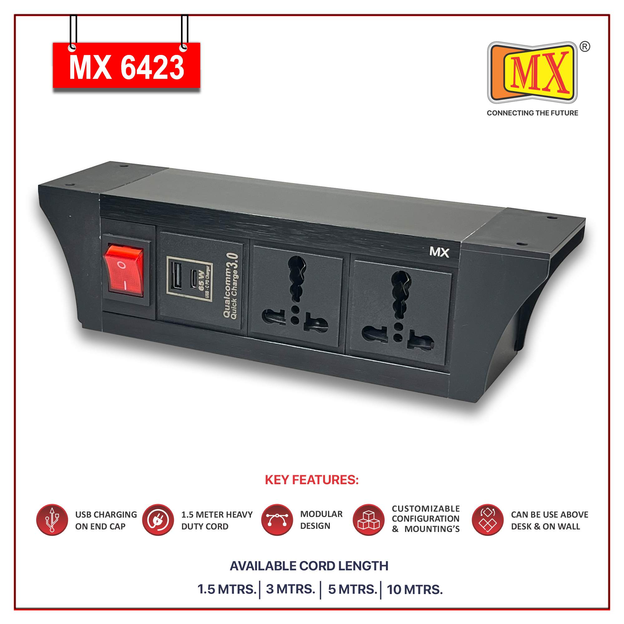 MX PDU Under table 6/16 Amps 2 Universal Socket | 2 USB (2.4 Amp) with 65W PD Charger | Dual Pole LED Indicator Switch | 16 Amps Heavy Duty Cord 3 Meter with ISI Marked, Aluminium Body Material(MX 6423-3M Black)
