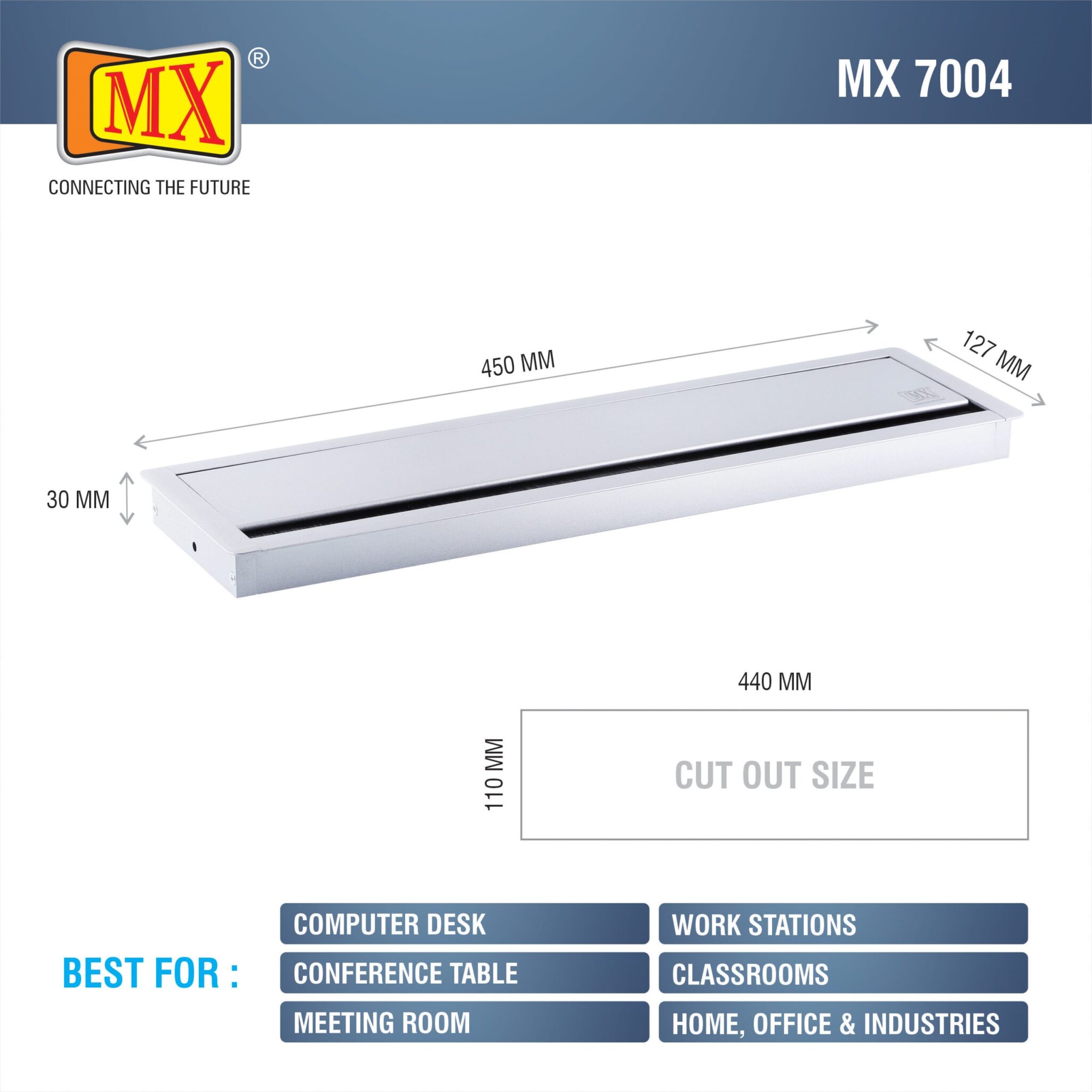 MX Aluminum Alloy Access Flap with Soft Closing: Your Ultimate Desk Organizer for Effortless Cable Management and Workspace Tidiness (Cutout Size: 440X110 MM) Silver