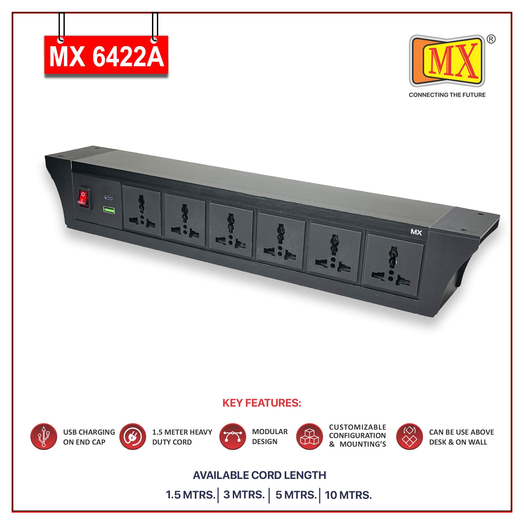 MX PDU Under table 6/13 Amps 6 Universal Socket | 2 USB (2.4 Amp) with 30W PD Charger | Dual Pole LED Indicator Switch | 6 Amps Heavy Duty Cord 3 Meter with ISI Marked, Aluminium Body Material(MX 6422A-3M Black)