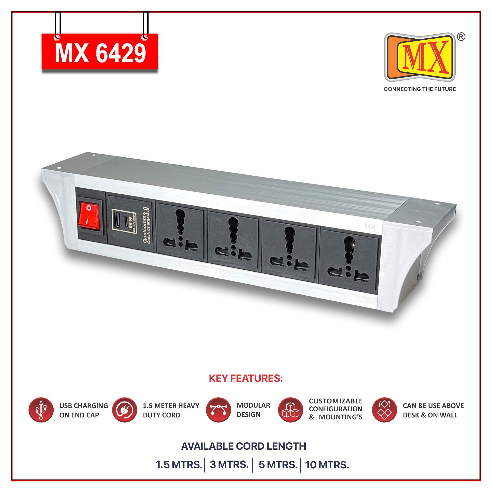 MX PDU Under table 6/16 Amps 4 Universal Socket | 2 USB (2.4 Amp) with 95W PD Charger | Dual Pole LED Indicator Switch | 16 Amps Heavy Duty Cord 1.5 Meter with ISI Marked, Aluminium Body Material(MX 6429-1.5M Silver)