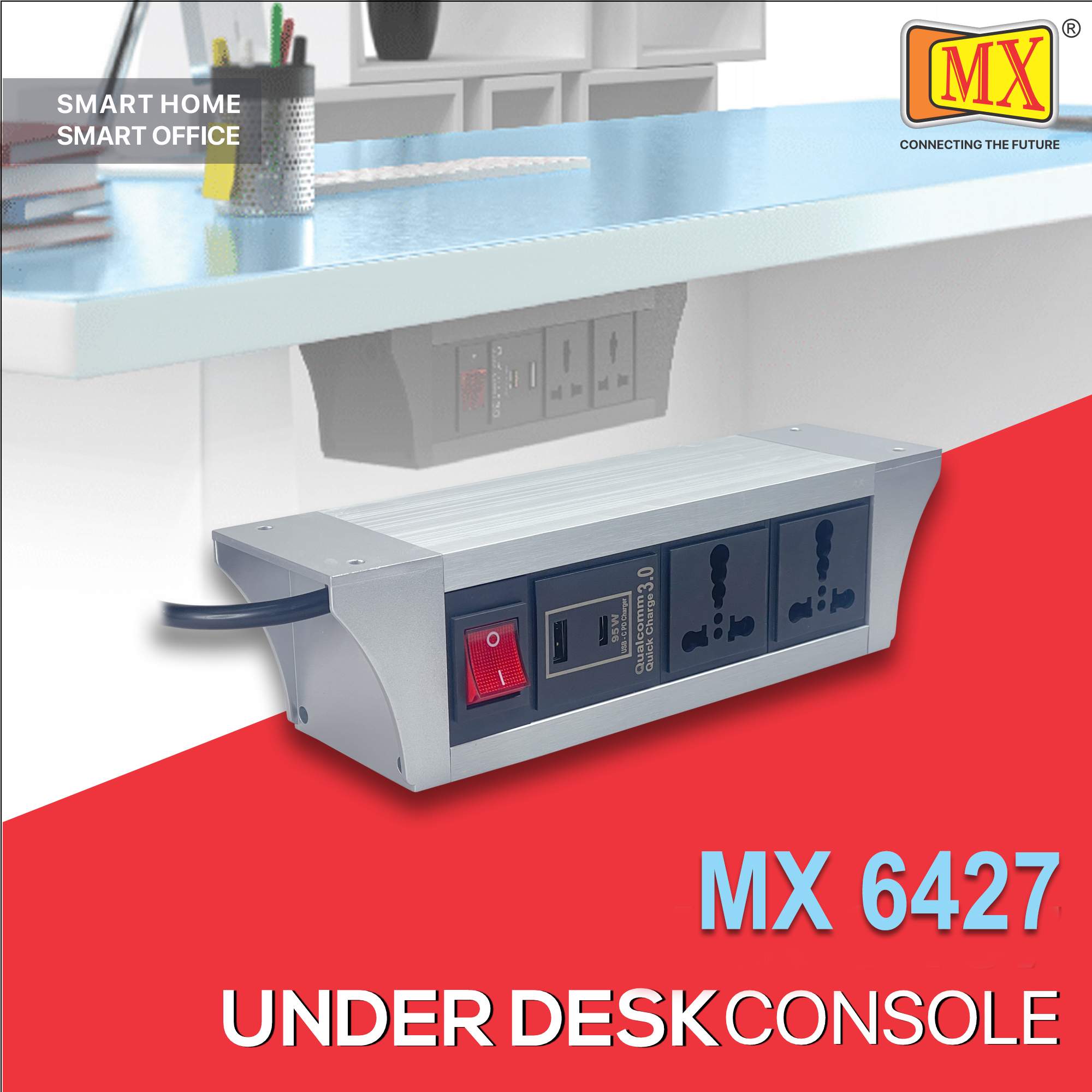MX PDU Under table 6/16 Amps 2 Universal Socket | 2 USB (2.4 Amp) with 95W PD Charger | Dual Pole LED Indicator Switch | 16 Amps Heavy Duty Cord 1.5 Meter with ISI Marked, Aluminium Body Material(MX 6427-1.5M Silver)